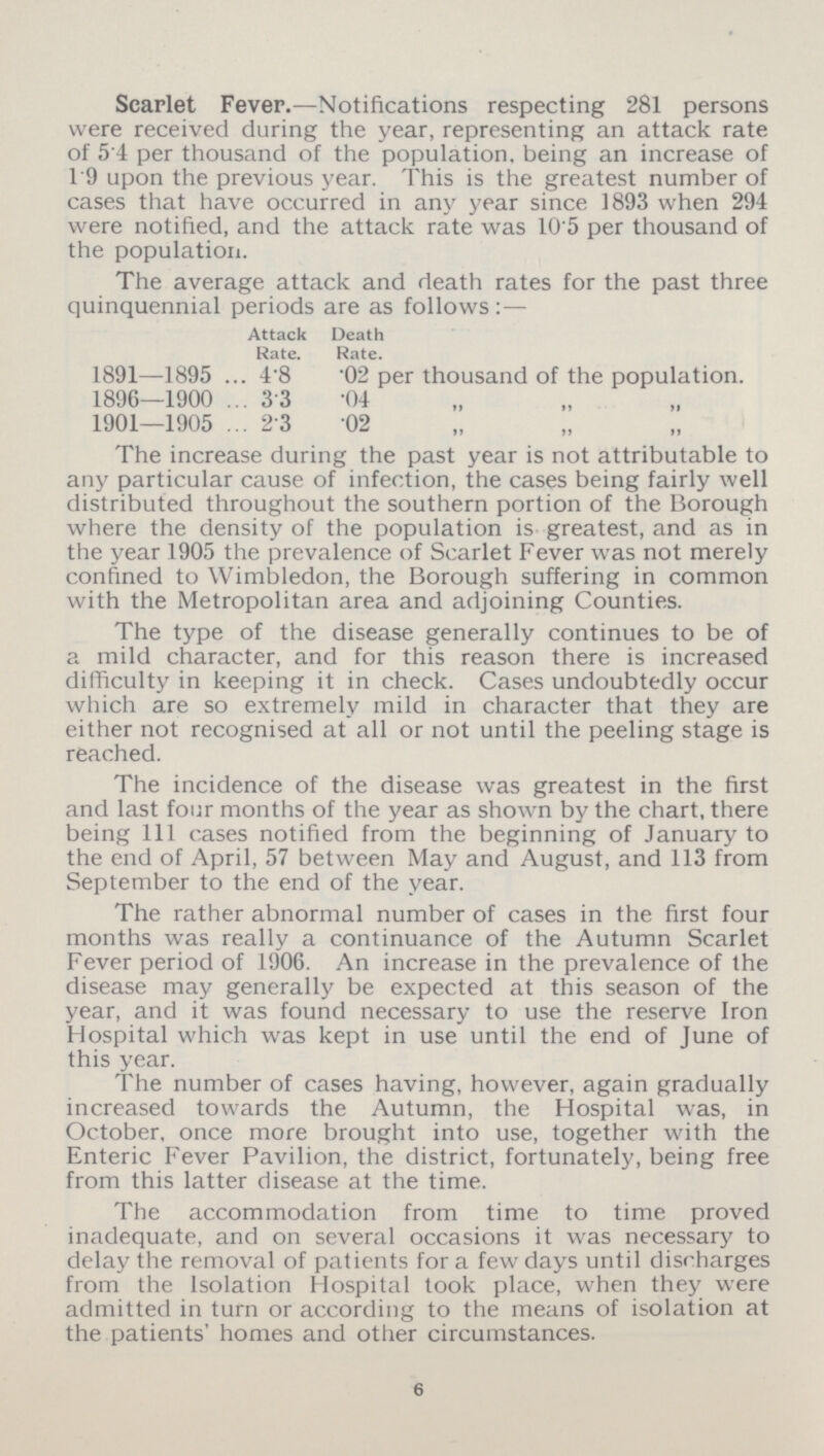 Scarlet Fever.—Notifications respecting 281 persons were received during the year, representing an attack rate of 54 per thousand of the population, being an increase of 1'9 upon the previous year. This is the greatest number of cases that have occurred in any year since 1893 when 294 were notified, and the attack rate was 10'5 per thousand of the population. The average attack and death rates for the past three quinquennial periods are as follows:— Attack Death Rate. Rate. 1891—1895 4.8 .02 per thousand of the population. 1896—1900 3.3 .04 1901—1905 2.3 .02 The increase during the past year is not attributable to any particular cause of infection, the cases being fairly well distributed throughout the southern portion of the Borough where the density of the population is greatest, and as in the year 1905 the prevalence of Scarlet Fever was not merely confined to Wimbledon, the Borough suffering in common with the Metropolitan area and adjoining Counties. The type of the disease generally continues to be of a mild character, and for this reason there is increased difficulty in keeping it in check. Cases undoubtedly occur which are so extremely mild in character that they are either not recognised at all or not until the peeling stage is reached. The incidence of the disease was greatest in the first and last four months of the year as shown by the chart, there being 111 cases notified from the beginning of January to the end of April, 57 between May and August, and 113 from September to the end of the year. The rather abnormal number of cases in the first four months was really a continuance of the Autumn Scarlet Fever period of 1906. An increase in the prevalence of the disease may generally be expected at this season of the year, and it was found necessary to use the reserve Iron Hospital which was kept in use until the end of June of this year. The number of cases having, however, again gradually increased towards the Autumn, the Hospital was, in October, once more brought into use, together with the Enteric Fever Pavilion, the district, fortunately, being free from this latter disease at the time. The accommodation from time to time proved inadequate, and on several occasions it was necessary to delay the removal of patients for a few days until discharges from the Isolation Hospital took place, when they were admitted in turn or according to the means of isolation at the patients' homes and other circumstances. 6