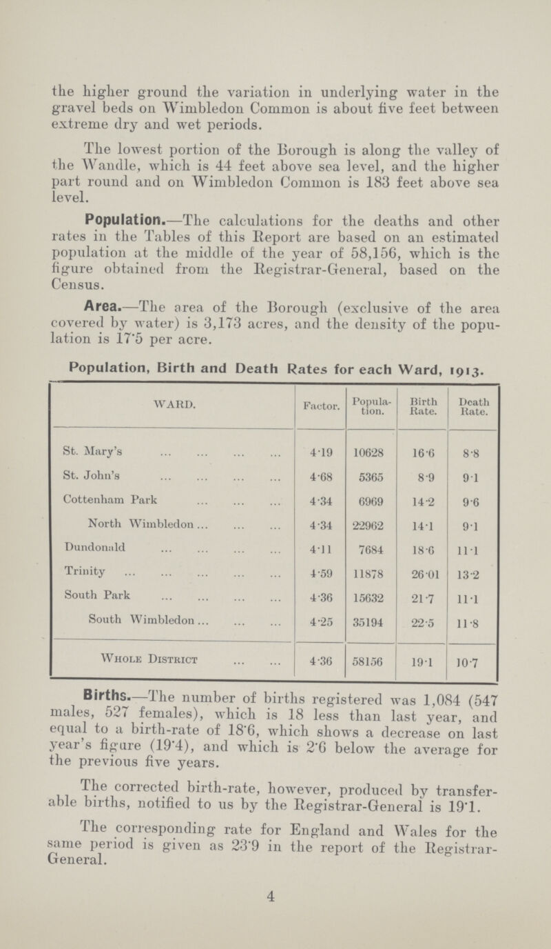 the higher ground the variation in underlying water in the gravel beds on Wimbledon Common is about live feet between extreme dry and wet periods. The lowest portion of the Borough is along the valley of the Wandle, which is 44 feet above sea level, and the higher part round and on Wimbledon Common is 183 feet above sea level. Population.—The calculations for the deaths and other rates in the Tables of this Report are based on an estimated population at the middle of the year of 58,156, which is the figure obtained from the Registrar-General, based on the Census. Area.—The area of the Borough (exclusive of the area covered by water) is 3,173 acres, and the density of the popu lation is 17.5 per acre. Population, Birth and Death Rates for each Ward, 1913. WARD. Factor. Popula tion. Birth Rate. Death Rate. St. Mary's 4.19 10628 16.6 8.8 St. John's 4.68 5365 8.9 9.1 Cottenham Park 4.34 6969 14.2 9.6 North Wimbledon 4.34 22962 14.1 9.1 Dundonald 4.11 7684 18.6 11.1 Trinity 4.59 11878 26.01 13.2 South Park 4.36 15632 21.7 11.1 South Wimbledon 4.25 35194 22.5 11.8 Whole District 4.36 58156 19.1 10.7 Births.—The number of births registered was 1,084 (547 males, 527 females), which is 18 less than last year, and equal to a birth-rate of 18.6, which shows a decrease on last year's figure (19.4), and which is 2.6 below the average for the previous five years. The corrected birth-rate, however, produced by transfer able births, notified to us by the Registrar-General is 19.1. The corresponding rate for England and Wales for the same period is given as 23.9 in the report of the Registrar General. 4