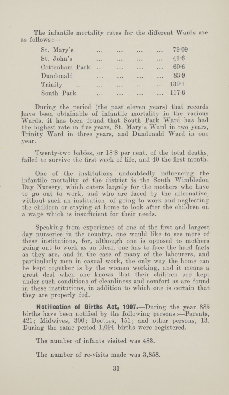 The infantile mortality rates for the different Wards are as follows:— St. Mary's 79.09 St. John's 41.6 Cottenham Park 60.6 Dundonald 83.9 Trinity 139.1 South Park 117.6 During the period (the past eleven years) that records |have been obtainable of infantile mortality in the various Wards, it has been found that South Park Ward has had the highest rate in five years, St. Mary's Ward in two years, Trinity Ward in three years, and Dundonald Ward in one year. Twenty-two babies, or 18.8 per cent. of the total deaths, failed to survive the first week of life, and 40 the first month. One of the institutions undoubtedly influencing the infantile mortality of the district is the South Wimbledon Day Nursery, which caters largely for the mothers who have to go out to work, and who are faced by the alternative, without such an institution, of going to work and neglecting the children or staying at home to look after the children on a wage which is insufficient for their needs. Speaking from experience of one of the first and largest day nurseries in the country, one would like to see more of these institutions, for, although one is opposed to mothers going out to work as an ideal, one has to face the hard facts as they are, and in the case of many of the labourers, and particularly men in casual work, the only way the home can be kept together is by the woman working, and it means a great deal when one knows that their children are kept under such conditions of cleanliness and comfort as are found in these institutions, in addition to which one is certain that they are properly fed. Notification of Births Act, 1907.—During the year 885 births have been notified by the following persons:—Parents, 421; Midwives, 300; Doctors, 151; and other persons, 13. During the same period 1,094 births were registered. The number of infants visited was 483. The number of re-visits made was 3,858. 31