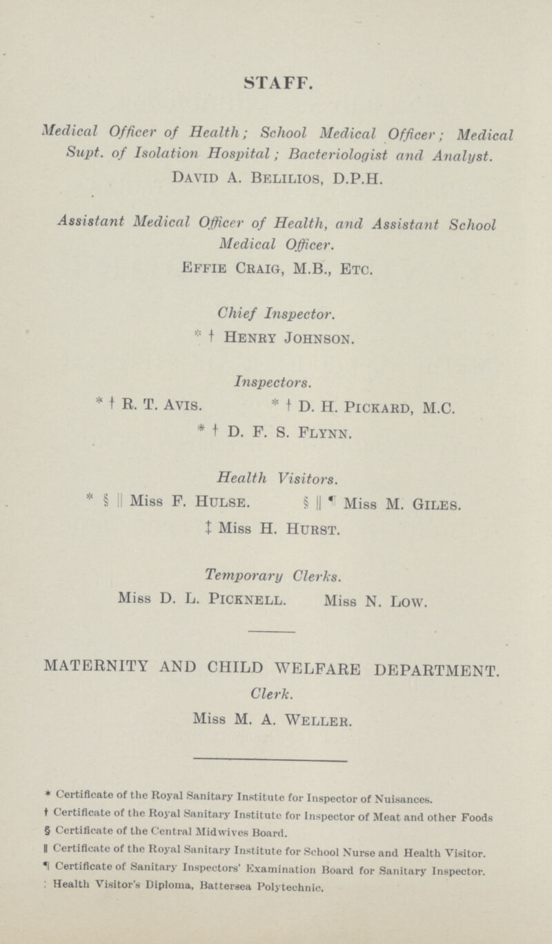 STAFF. Medical Officer of Health; School Medical Officer; Medical Supt. of Isolation Hospital; Bacteriologist and Analyst. David A. Belilios, D.P.H. Assistant Medical Officer of Health, and Assistant School Medical Officer. Effie Craig, M.B., Etc. Chief Inspector. * † Henry Johnson. Inspectors. * † R. T. Avis * † D. H. PICKARD, M.C. * † D. F. S. Flynn. Health Visitors. * §|| Miss P. Hulse. § || •1 Miss M. Giles. I Miss H. Hurst. Temporary Clerks. Miss D. L. PlCKNELL. Miss N. Low. MATERNITY AND CHILD WELFARE DEPARTMENT. Clerk. Miss M. A. Weller. * Certificate of the Royal Sanitary Institute for Inspector of Nuisances, † Certificate of the Royal Sanitary Institute for Inspector of Meat and other Foods § Certificate of the Central Midvvives Board. II Certificate of the Royal Sanitary Institute for School Nurse and Health Visitor. •1 Certificate of Sanitary Inspectors' Examination Board for Sanitary Inspector. : Health Visitor's Diploma, Batteraea Polytechnic.