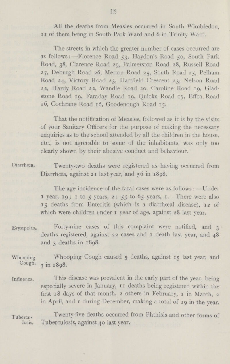 12 All the deaths from Measles occurred in South Wimbledon, II of them being in South Park Ward and 6 in Trinity Ward. The streets in which the greater number of cases occurred are as follows:—Florence Road 53, Haydon's Road 50, South Park Road, 38, Clarence Road 29, Palmerston Road 28, Russell Road 27, Deburgh Road 26, Merton Road 25, South Road 25, Pelham Road 24, Victory Road 23, Ilartfield Crescent 23, Nelson Road 22, Hardy Road 22, Wandle Road 20, Caroline Road 19, Glad stone Road 19, Faraday Road 19, Quicks Road 17, Effra Road 16, Cochrane Road 16, Goodenough Road 15. That the notification of Measles, followed as it is by the visits of your Sanitary Officers for the purpose of making the necessary enquiries as to the school attended by all the children in the house, etc., is not agreeable to some of the inhabitants, was only too clearly shown by their abusive conduct and behaviour. Diarrhoea. Twenty-two deaths were registered as having occurred from Diarrhoea, against 21 last year, and 56 in 1898. The age incidence of the fatal cases were as follows:—Under 1 year, 19; 1 to 5 years, 2; 55 to 65 years, 1. There were also 15 deaths from Enteritis (which is a diarrhoeal disease), 12 of which were children under 1 year of age, against 28 last year. Erysipelas. Forty-nine cases of this complaint were notified, and 3 deaths registered, against 22 cases and 1 death last year, and 48 and 3 deaths in 1898. Whooping Cough. Whooping Cough caused 5 deaths, against 15 last year, and 3 in 1898. Influenza. This disease was prevalent in the early part of the year, being especially severe in January, 11 deaths being registered within the first 18 days of that month, 2 others in February, 1 in March, 2 in April, and 1 during December, making a total of 19 in the year. Tuberculosis. Twenty-five deaths occurred from Phthisis and other forms of Tuberculosis, against 40 last year.
