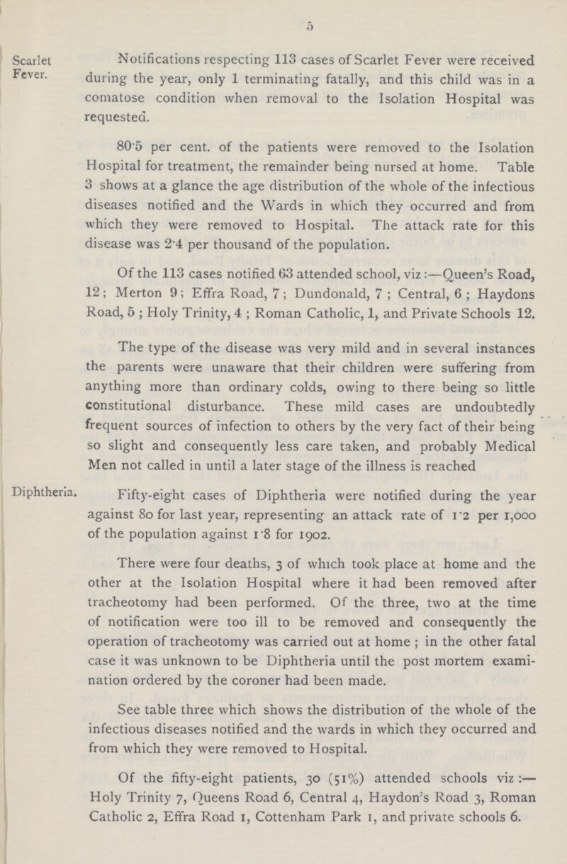 5 Scarlet Fever Notifications respecting 113 cases of Scarlet Fever were received during the year, only 1 terminating fatally, and this child was in a comatose condition when removal to the Isolation Hospital was requested. 80.5 per cent. of the patients were removed to the Isolation Hospital for treatment, the remainder being nursed at home. Table 3 shows at a glance the age distribution of the whole of the infectious diseases notified and the Wards in which they occurred and from which they were removed to Hospital. The attack rate for this disease was 2.4 per thousand of the population. Of the 113 cases notified 63 attended school, viz:—Queen's Road, 12; Merton 9; Effra Road, 7; Dundonald, 7; Central, 6; Haydons Road, 5; Holy Trinity, 4; Roman Catholic, 1, and Private Schools 12. The type of the disease was very mild and in several instances the parents were unaware that their children were suffering from anything more than ordinary colds, owing to there being so little constitutional disturbance. These mild cases are undoubtedly frequent sources of infection to others by the very fact of their being so slight and consequently less care taken, and probably Medical Men not called in until a later stage of the illness is reached Diphthena. Fifty-eight cases of Diphtheria were notified during the year against 8o for last year, representing an attack rate of i'2 per r,ooo of the population against 1.8 for 1902. There were four deaths, 3 of which took place at home and the other at the Isolation Hospital where it had been removed after tracheotomy had been performed. Of the three, two at the time of notification were too ill to be removed and consequently the operation of tracheotomy was carried out at home ; in the other fatal case it was unknown to be Diphtheria until the post mortem exami nation ordered by the coroner had been made. See table three which shows the distribution of the whole of the infectious diseases notified and the wards in which they occurred and from which they were removed to Hospital. Of the fifty-eight patients, 30 (51%) attended schools viz:— Holy Trinity 7, Queens Road 6, Central 4, Haydon's Road 3, Roman Catholic 2, Effra Road 1, Cottenham Park 1, and private schools 6.