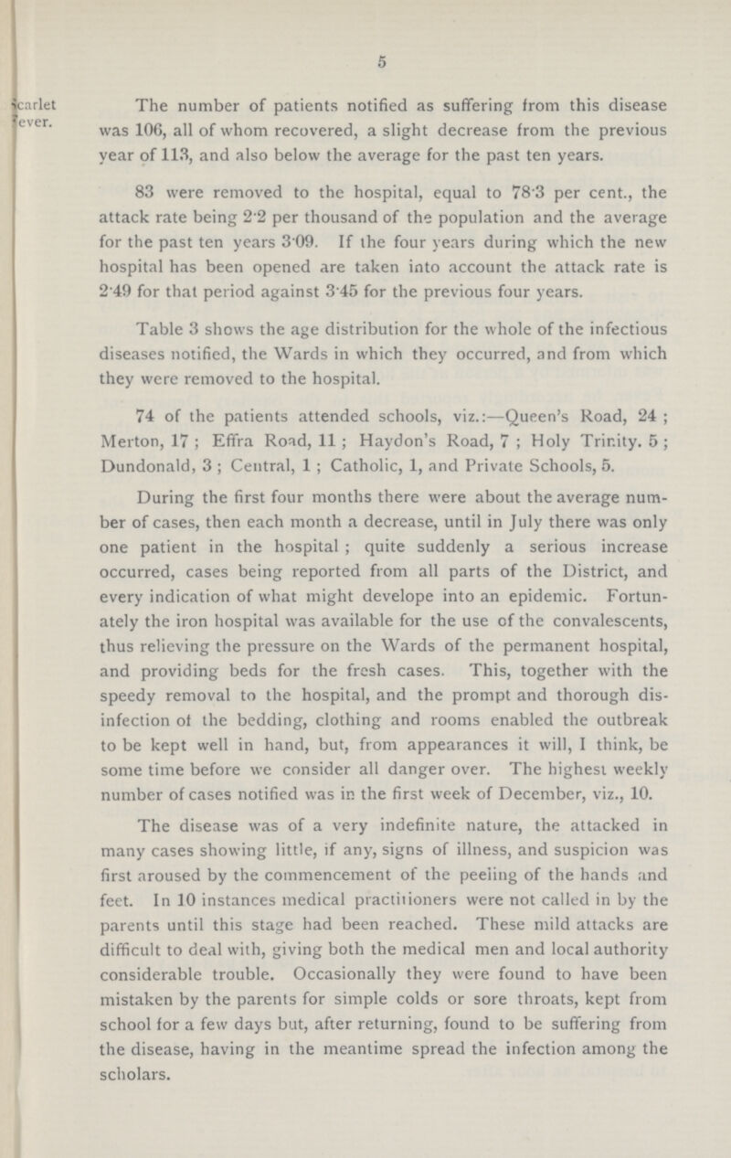 5 Scarlet Fever. The number of patients notified as suffering from this disease was 106, all of whom recovered, a slight decrease from the previous year of 113, and also below the average for the past ten years. 83 were removed to the hospital, equal to 78.3 per cent., the attack rate being 2.2 per thousand of the population and the average for the past ten years 3.09. If the four years during which the new hospital has been opened are taken into account the attack rate is 2.49 for that period against 3.45 for the previous four years. Table 3 shows the age distribution for the whole of the infectious diseases notified, the Wards in which they occurred, and from which they were removed to the hospital. 74 of the patients attended schools, viz.:—Queen's Road, 24; Merton, 17; Effra Road, 11; Haydon's Road, 7; Holy Trinity. 5; Dundonald, 3; Central, 1; Catholic, 1, and Private Schools, 5. During the first four months there were about the average num ber of cases, then each month a decrease, until in July there was only one patient in the hospital; quite suddenly a serious increase occurred, cases being reported from all parts of the District, and every indication of what might develope into an epidemic. Fortun ately the iron hospital was available for the use of the convalescents, thus relieving the pressure on the Wards of the permanent hospital, and providing beds for the fresh cases. This, together with the speedy removal to the hospital, and the prompt and thorough dis infection of the bedding, clothing and rooms enabled the outbreak to be kept well in hand, but, from appearances it will, I think, be some time before we consider all danger over. The highest weekly number of cases notified was in the first week of December, viz., 10. The disease was of a very indefinite nature, the attacked in many cases showing little, if any, signs of illness, and suspicion was first aroused by the commencement of the peeiing of the hands and feet. In 10 instances medical practitioners were not called in by the parents until this stage had been reached. These mild attacks are difficult to deal with, giving both the medical men and local authority considerable trouble. Occasionally they were found to have been mistaken by the parents for simple colds or sore throats, kept from school for a few days but, after returning, found to be suffering from the disease, having in the meantime spread the infection among the scholars.