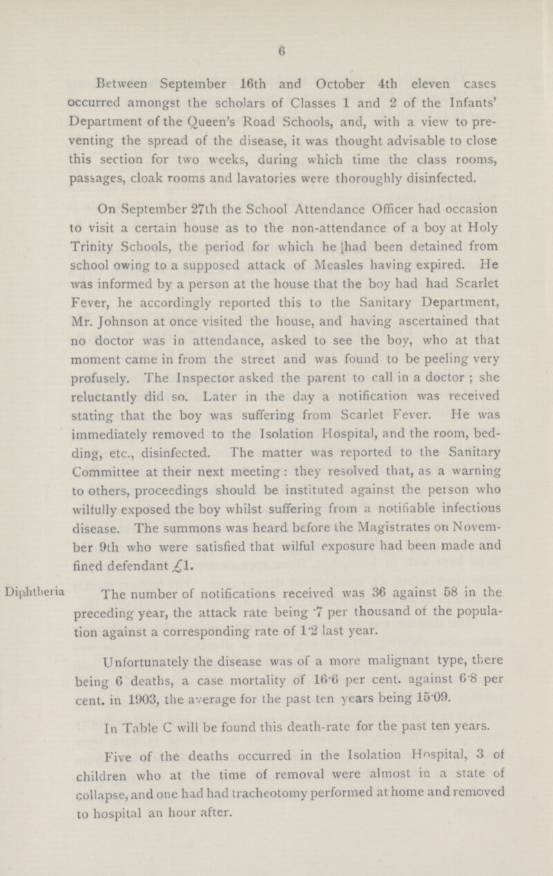 6 Between September 16th and October 4th eleven cases occurred amongst the scholars of Classes 1 and 2 of the Infants' Department of the Queen's Road Schools, and, with a view to pre venting the spread of the disease, it was thought advisable to close this section for two weeks, during which time the class rooms, passages, cloak rooms and lavatories were thoroughly disinfected. On September 27th the School Attendance Officer had occasion to visit a certain house as to the non-attendance of a boy at Holy Trinity Schools, the period for which he had been detained from school owing to a supposed attack of Measles having expired. He was informed by a person at the house that the boy had had Scarlet Fever, he accordingly reported this to the Sanitary Department, Mr. Johnson at once visited the house, and having ascertained that no doctor was in attendance, asked to see the boy, who at that moment came in from the street and was found to be peeling very profusely. The Inspector asked the parent to call in a doctor; she reluctantly did so. Later in the day a notification was received stating that the boy was suffering from Scarlet Fever. He was immediately removed to the Isolation Hospital, and the room, bed ding, etc., disinfected. The matter was reported to the Sanitary Committee at their next meeting: they resolved that, as a warning to others, proceedings should be instituted against the person who wilfully exposed the boy whilst suffering from a notifiable infectious disease. The summons was heard before the Magistrates on Novem ber 9th who were satisfied that wilful exposure had been made and fined defendant £1. Diphtheria The number of notifications received was 36 against 58 in the preceding year, the attack rate being .7 per thousand of the popula tion against a corresponding rate of 1.2 last year. Unfortunately the disease was of a more malignant type, there being 6 deaths, a case mortality of 16.6 per cent. against 6.8 per cent. in 1903, the average for the past ten years being 15.09. In Table C will be found this death-rate for the past ten years. Five of the deaths occurred in the Isolation Hospital, 3 of children who at the time of removal were almost in a state of collapse, and one had had tracheotomy performed at home and removed to hospital an hour after.
