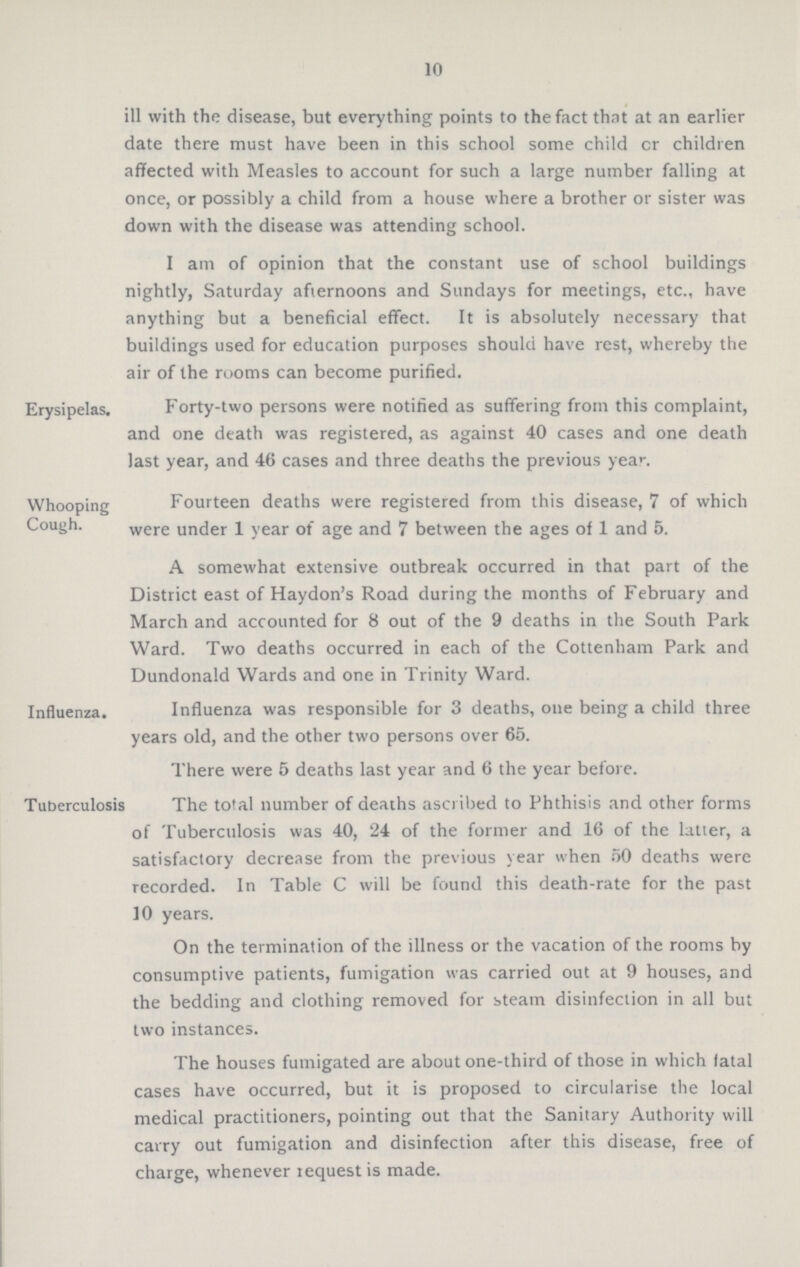 10 ill with the disease, but everything points to the fact that at an earlier date there must have been in this school some child cr children affected with Measles to account for such a large number falling at once, or possibly a child from a house where a brother or sister was down with the disease was attending school. I am of opinion that the constant use of school buildings nightly, Saturday afternoons and Sundays for meetings, etc., have anything but a beneficial effect. It is absolutely necessary that buildings used for education purposes should have rest, whereby the air of the rooms can become purified. Erysipelas. Forty-two persons were notified as suffering from this complaint, and one death was registered, as against 40 cases and one death last year, and 46 cases and three deaths the previous year. Whooping Cough. Fourteen deaths were registered from this disease, 7 of which were under 1 year of age and 7 between the ages of 1 and 5. A somewhat extensive outbreak occurred in that part of the District east of Haydon's Road during the months of February and March and accounted for 8 out of the 9 deaths in the South Park Ward. Two deaths occurred in each of the (Tottenham Park and Dundonald Wards and one in Trinity Ward. Influenza. Influenza was responsible for 3 deaths, one being a child three years old, and the other two persons over 65. There were 5 deaths last year and 6 the year before. Tuberculosis The total number of deaths ascribed to Phthisis and other forms of Tuberculosis was 40, 24 of the former and 16 of the latter, a satisfactory decrease from the previous year when 50 deaths were recorded. In Table C will be found this death-rate for the past 10 years. On the termination of the illness or the vacation of the rooms by consumptive patients, fumigation was carried out at 9 houses, and the bedding and clothing removed for steam disinfection in all but two instances. The houses fumigated are about one-third of those in which fatal cases have occurred, but it is proposed to circularise the local medical practitioners, pointing out that the Sanitary Authority will carry out fumigation and disinfection after this disease, free of charge, whenever request is made.