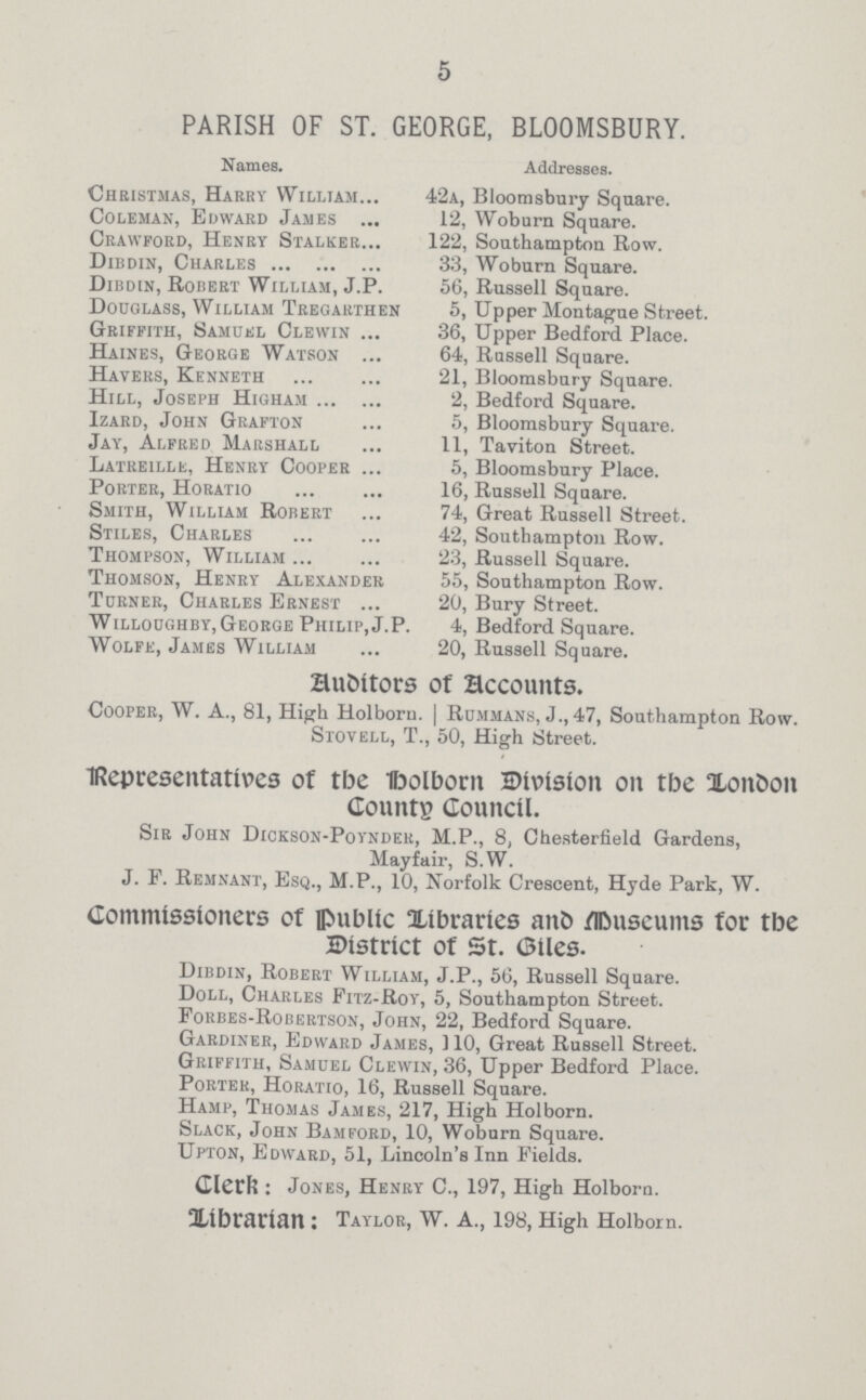 5 PARISH OF ST. GEORGE, BLOOMSBURY. Names. Addresses. Christmas, Harry William 42a, Bloomsbury Square. Coleman, Edward James 12, Woburn Square. Crawford, Henry Stalker. 122, Southampton Row. Dibdin, Charles 33, Woburn Square. Dibdin, Robert William, J.P. 56, Russell Square. Douglass, William Tregarthen 5, Upper Montague Street. Griffith, Samuel Clewin 36, Upper Bedford Place. Haines, George Watson 64, Russell Square. Havers, Kenneth 21, Bloomsbury Square. Hill, Joseph Higham 2, Bedford Square. Izard, John Grafton 5, Bloomsbury Square. Jay, Alfred Marshall 11, Taviton Street. Latreille, Henry Cooper 5, Bloomsbury Place. Porter, Horatio 16, Russell Square. Smith, William Robert 74, Great Russell Street. Stiles, Charles 42, Southampton Row. Thompson, William 23, Russell Square. Thomson, Henry Alexander 55, Southampton Row. Turner, Charles Ernest 20, Bury Street. Willoughby, George Philip, J.P. 4, Bedford Square. Wolfe, James William 20, Russell Square. auditors of accounts. Cooper, W. A., 81, High Holboru. | Rummans, J., 47, Southampton Row. Stovell, T., 50, High Street. IRepresentatives of tbe Ibolborn Division on tbe Xonbon Counts Council. Sir John Dickson-Poynder, M.P., 8, Chesterfield Gardens, Mayfair, S.W. J. F. Remnant, Esq., M.P., 10, Norfolk Crescent, Hyde Park, W. Commissioners of public libraries and Museums for tbe District of St. (Biles. Dibdin, Robert William, J.P., 56, Russell Square. Doll, Charles Fitz-Roy, 5, Southampton Street. Forbes-Robertson, John, 22, Bedford Square. Gardiner, Edward James, 110, Great Russell Street. Griffith, Samuel Clewin, 36, Upper Bedford Place. Porter, Horatio, 16, Russell Square. Hamp, Thomas James, 217, High Holborn. Slack, John Bamford, 10, Woburn Square. Upton, Edward, 51, Lincoln's Inn Fields. Clerfe: Jones, Henry C., 197, High Holborn. Librarian: Taylor, W. A., 198, High Holborn.