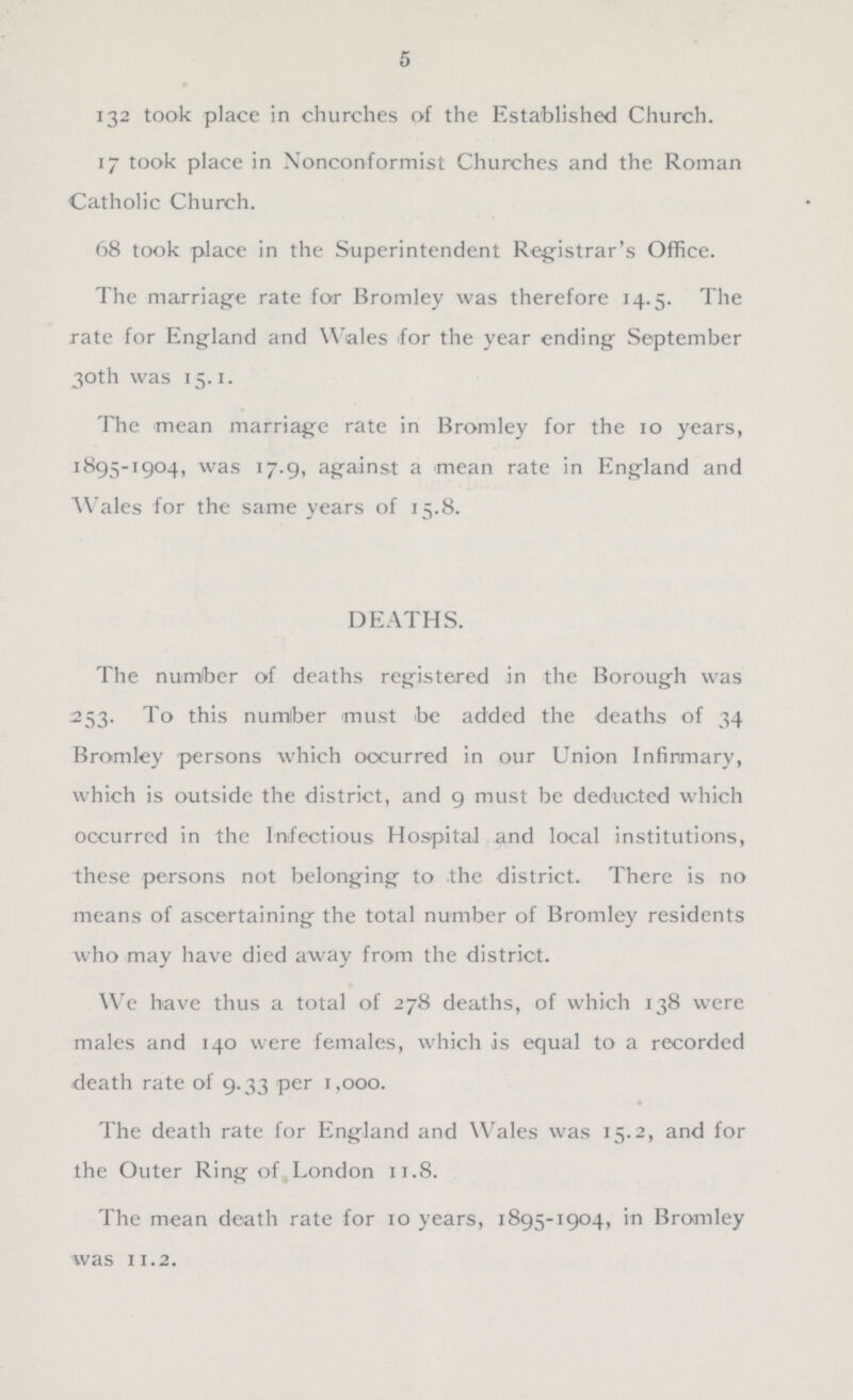 5 132 took place in churches of the Established Church. 17 took place in Nonconformist Churches and the Roman Catholic Church. 68 took place in the Superintendent Registrar's Office. The marriage rate for Bromley was therefore 14.5. The rate for England and Wales for the year ending September 30th was 15.1. The mean marriage rate in Bromley for the 10 years, 1895-1904, was 17.9, against a mean rate in England and Wales for the same years of 15.8. DEATHS. The number of deaths registered in the Borough was 253. To this number must be added the deaths of 34 Bromley persons which occurred in our Union Infirmary, which is outside the district, and 9 must be deducted which occurred in the Infectious Hospital and local institutions, these persons not belonging to the district. There is no means of ascertaining the total number of Bromley residents who may have died away from the district. We have thus a total of 278 deaths, of which 138 were males and 140 were females, which is equal to a recorded death rate of 9.33 per 1,000. The death rate for England and Wales was 15.2, and for the Outer Ring of London 11.8. The mean death rate for 10 years, 1895-1904, in Bromley was 11.2.