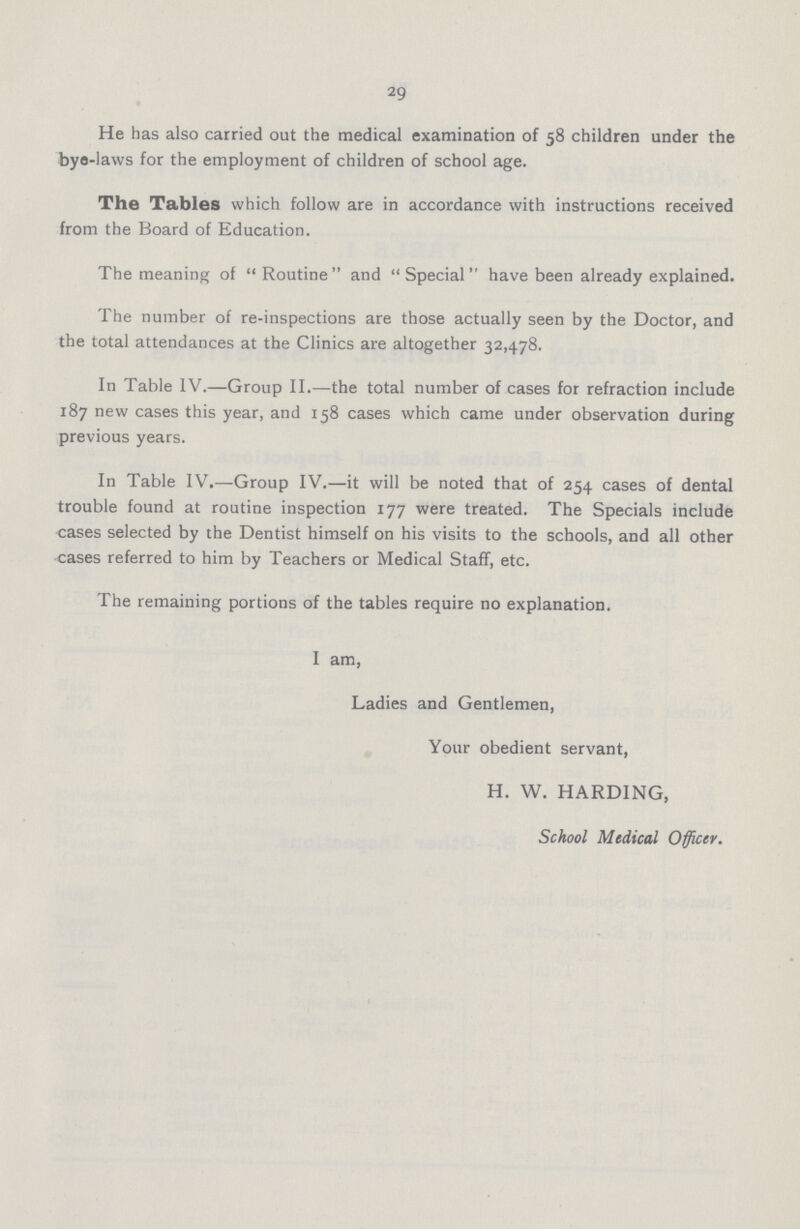 29 He has also carried out the medical examination of 58 children under the bye -laws for the employment of children of school age. The Tables which follow are in accordance with instructions received from the Board of Education. The meaning of Routine and Special have been already explained. The number of re-inspections are those actually seen by the Doctor, and the total attendances at the Clinics are altogether 32,478. In Table IV.—Group II.—the total number of cases for refraction include 187 new cases this year, and 158 cases which came under observation during previous years. In Table IV.—Group IV.—it will be noted that of 254 cases of dental trouble found at routine inspection 177 were treated. The Specials include cases selected by the Dentist himself on his visits to the schools, and all other cases referred to him by Teachers or Medical Staff, etc. The remaining portions of the tables require no explanation. I am, Ladies and Gentlemen, Your obedient servant, H. W. HARDING, School Medical Officer.
