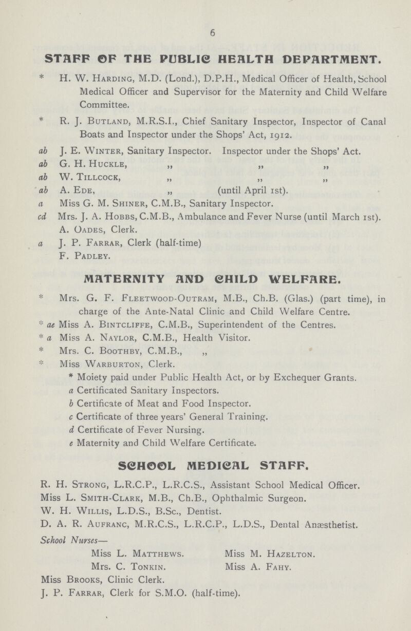 6 STAFF OF THE PUBLIC HEALTH DEPARTMENT. * H. W. Harding, M.D. (Lond.), D.P.H., Medical Officer of Health, School Medical Officer and Supervisor for the Maternity and Child Welfare Committee. * R. J. Butland, M.R.S.I., Chief Sanitary Inspector, Inspector of Canal Boats and Inspector under the Shops' Act, 1912. ab J. E. Winter, Sanitary Inspector. Inspector under the Shops' Act. ab G. H. Huckle, „ „ „ ab W. Tillcock, „ „ „ ab A. Ede, „ (until April 1st). a Miss G. M. Shiner, C.M.B., Sanitary Inspector. cd Mrs. J. A. Hobbs, C.M.B., Ambulance and Fever Nurse (until March 1st). A. Oades, Clerk. a J. P. Farrar, Clerk (half-time) F. Padley. MATERNITY AND CHILD WELFARE. * Mrs. G. F. Fleetwood-Outram, M.B., Ch.B. (Glas.) (part time), in charge of the Ante-Natal Clinic and Child Welfare Centre. * at Miss A. Bintcliffe, C.M.B., Superintendent of the Centres. * a Miss A. Naylor, C.M.B., Health Visitor. * Mrs. C. Boothby, C.M.B., „ * Miss Warburton, Clerk. * Moiety paid under Public Health Act, or by Exchequer Grants. a Certificated Sanitary Inspectors. b Certificate of Meat and Food Inspector. c Certificate of three years' General Training. d Certificate of Fever Nursing. e Maternity and Child Welfare Certificate. SEHOOL MEDICAL STAFF. R. H. Strong, L.R.C.P., L.R.C.S., Assistant School Medical Officer. Miss L. Smith-Clark, M.B., Ch.B., Ophthalmic Surgeon. W. H. Willis, L.D.S., B.Sc., Dentist. D. A. R. Aufranc, M.R.C.S., L.R.C.P., L.D.S., Dental Anaesthetist. School Nurses— Miss L. Matthews. Miss M. Hazelton. Mrs. C. Tonkin. Miss A. Fahy. Miss Brooks, Clinic Clerk. J. P. Farrar, Clerk for S.M.O. (half-time).