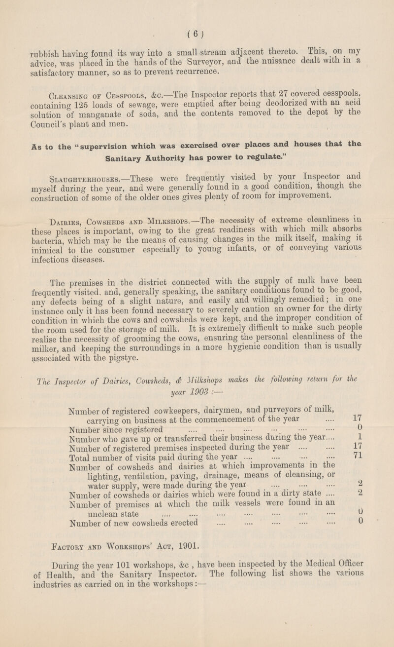 (6) rubbish having found its way into a small stream adjacent thereto. This, on my advice, was placed in the hands of the Surveyor, and the nuisance dealt with in a satisfactory manner, so as to prevent recurrence. Cleansing of Cespools, &c.—The Inspector reports that 27 covered cesspools, containing 125 loads of sewage, were emptied after being deodorized with an acid solution of manganate of soda, and the contents removed to the depot by the Council's plant and men. As to the supervision which was exercised over places and houses that the Sanitary Authority has power to regulate. Slaughterhouses.—These were frequently visited by your Inspector and myself during the year, and were generally found in a good condition, though the construction of some of the older ones gives plenty of room for improvement. Dairies, Cowsheds and Milkshops.—The necessity of extreme cleanliness in these places is important, owing to the great readiness with which milk absorbs bacteria, which may be the means of causing changes in the milk itself, making it inimical to the consumer especially to young infants, or of conveying various infectious diseases. The premises in the district connected with the supply of milk have been frequently visited. and, generally speaking, the sanitary conditions found to be good, any defects being of a slight nature, and easily and willingly remedied; in one instance only it has been found necessary to severely caution an owner for the dirty condition in which the cows and cowsheds were kept, and the improper condition of the room used for the storage of milk. It is extremely difficult to make such people realise the necessity of grooming the cows, ensuring the personal cleanliness of the milker, and keeping the surroundings in a more hygienic condition than is usually associated with the pigstye. The Inspector of Dairies, Cowsheds, & Milkshops makes the following return for the year 1903:— Number of registered cowkeepers, dairymen, and purveyors of milk, carrying on business at the commencement of the year 17 Number since registered 0 Number who gave up or transferred their business during the year 1 Number of registered premises inspected during the year 17 Total number of visits paid during the year 71 Number of cowsheds and dairies at which improvements in the lighting, ventilation, paving, drainage, means of cleansing, or water supply, were made during the year 2 Number of cowsheds or dairies which were found in a dirty state 2 Number of premises at which the milk vessels were found in an unclean state 0 Number of new cowsheds erected 0 Factory and Workshops' Act, 1901. During the year 101 workshops, &c, have been inspected by the Medical Officer of Health, and the Sanitary Inspector. The following list shows the various industries as carried on in the workshops:—