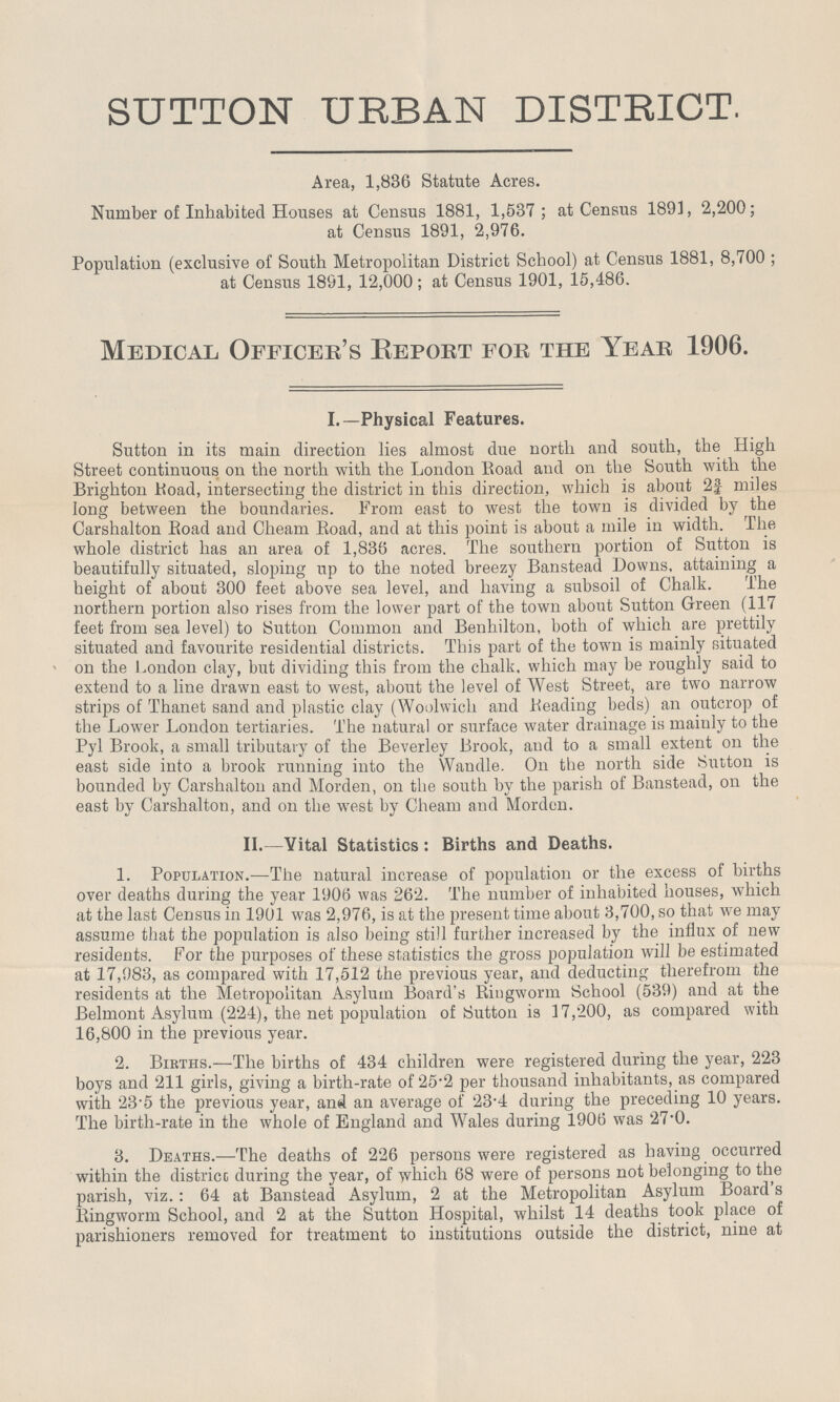 SUTTON URBAN DISTRICT. Area, 1,836 Statute Acres. Number of Inhabited Houses at Census 1881, 1,537; at Census 1891, 2,200; at Census 1891, 2,976. Population (exclusive of South Metropolitan District School) at Census 1881, 8,700 ; at Census 1891, 12,000; at Census 1901, 15,486. Medical Officer's report for the Year 1906. I.— Physical Features. Sutton in its main direction lies almost due north and south, the High Street continuous on the north with the London Load and on the South with the Brighton Road, intersecting the district in this direction, which is about 2¾ miles long between the boundaries. From east to west the town is divided by the Carshalton Road and Cheam Road, and at this point is about a mile in width. The whole district has an area of 1,836 acres. The southern portion of Sutton is beautifully situated, sloping up to the noted breezy Banstead Downs, attaining a height of about 300 feet above sea level, and having a subsoil of Chalk. The northern portion also rises from the lower part of the town about Sutton Green (117 feet from sea level) to Sutton Common and Benhilton, both of which are prettily situated and favourite residential districts. This part of the town is mainly situated on the London clay, but dividing this from the chalk, which may be roughly said to extend to a line drawn east to west, about the level of West Street, are two narrow strips of Thanet sand and plastic clay (Woolwich and Reading beds) an outcrop of the Lower London tertiaries. The natural or surface water drainage is mainly to the Pyl Brook, a small tributary of the Beverley Brook, and to a small extent on the east side into a brook running into the Wandle. On the north side Sutton is bounded by Carshalton and Morden, on the south by the parish of Banstead, on the east by Carshalton, and on the west by Cheam and Morden. II.— Vital Statistics: Births and Deaths. 1. Population.— The natural increase of population or the excess of births over deaths during the year 1906 was 262. The number of inhabited houses, which at the last Census in 1901 was 2,976, is at the present time about 3,700, so that we may assume that the population is also being still further increased by the influx of new residents. For the purposes of these statistics the gross population will be estimated at 17,983, as compared with 17,512 the previous year, and deducting therefrom the residents at the Metropolitan Asylum Board's Ringworm School (539) and at the Belmont Asylum (224), the net population of Sutton is 17,200, as compared with 16,800 in the previous year. 2. Births.— The births of 434 children were registered during the year, 223 boys and 211 girls, giving a birth-rate of 25.2 per thousand inhabitants, as compared with 23.5 the previous year, and an average of 23.4 during the preceding 10 years. The birth-rate in the whole of England and Wales during 1906 was 27.0. 3. Deaths.— The deaths of 226 persons were registered as having occurred within the district during the year, of which 68 were of persons not belonging to the parish, viz.: 64 at Banstead Asylum, 2 at the Metropolitan Asylum Board's Ringworm School, and 2 at the Sutton Hospital, whilst 14 deaths took place of parishioners removed for treatment to institutions outside the district, nine at