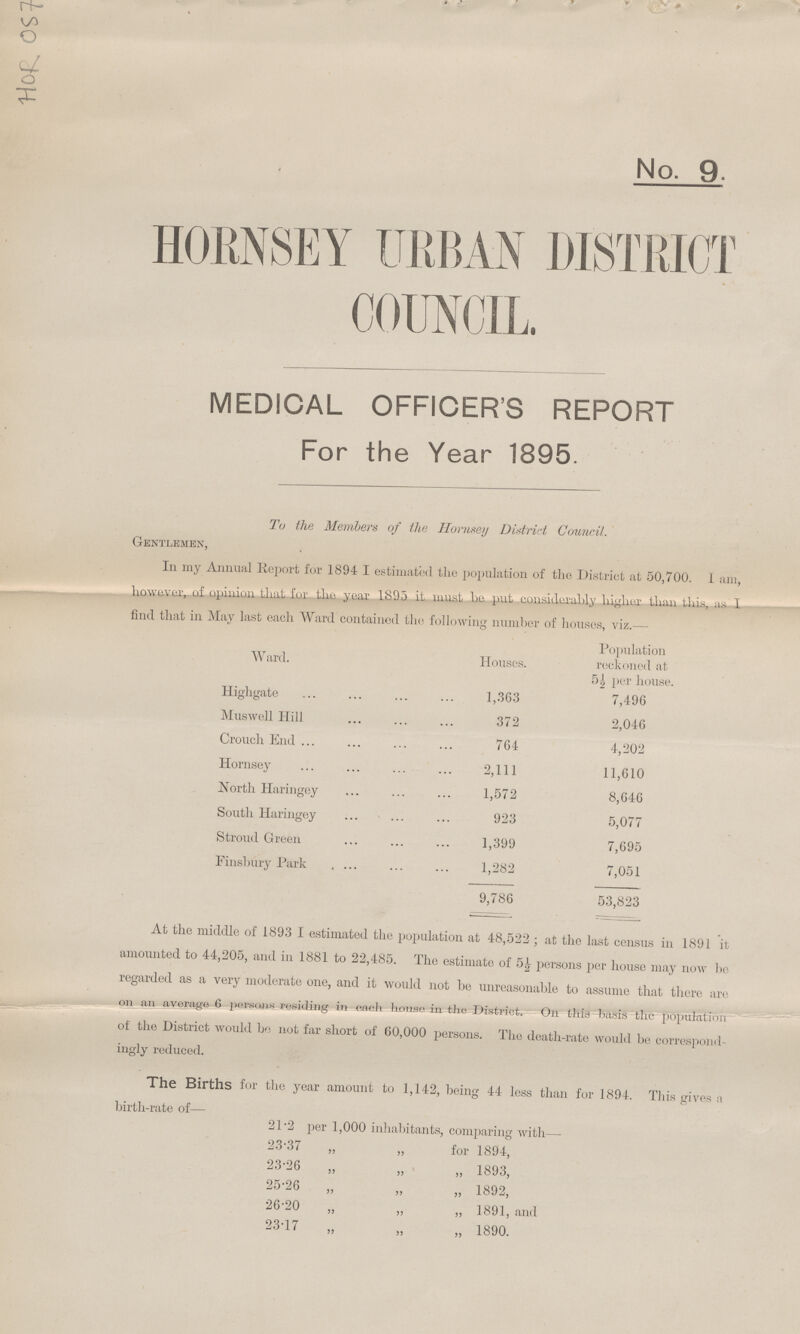 Hor 05 No. 9. HORNSEY URBAN DISTRICT COUNCIL. MEDICAL OFFICER'S REPORT For the Year 1895. To the Members of the Hornsey District Council. Gentlemen, In my Annual Report for 1894 I estimated the population of the District at 50,700. 1 am, however, of opinion that for the.year 1895 it must be put considerably higher than this, as I find that in May last each Ward contained the following number of houses, viz.— Ward. Houses. Population reckoned at 5½ per house. Higligate 1,363 7,496 Muswell Hill 372 2,046 Crouch End 764 4,202 Hornsey 2,111 11,610 North Haringey 1,572 8,646 South Haringey 923 5,077 Stroud Green 1,399 7,695 Finsbury Park 1,282 7,051 9,786 53,823 At the middle of 1893 I estimated the population at 48,522; at the last census in 1891 it amounted to 44,205, and in 1881 to 22,485. The estimate of 5£ persons per house may now be regarded as a very moderate one, and it would not be unreasonable to assume that there are on an average 6 parwuix residing in emsh house in tho District. On this basts the population of the District would be not far short of 60,000 persons. The death-rate would be correspond ingly reduced. The Births for the year amount to 1,142, being 44 less than for 1894. This gives n birth-rate of— 21.2 per 1,000 inhabitants, comparing with— 23.37 „ „ for 1894, 23.26 „ „ „ 1893, 25.26 „ „ „ 1892, 26.20 „ „ „ 1891, and 23.17 „ „ „ 1890.