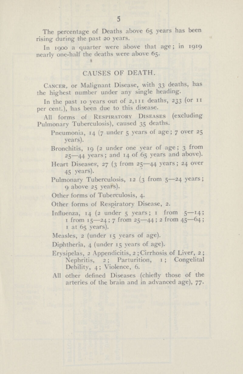 5 The percentage of Deaths above 65 years has been rising during the past 20 years. In 1900 a quarter were above that age; in 1919 nearly one-half the deaths were above 65. CAUSES OF DEATH. Cancer, or Malignant Disease, with 33 deaths, has the highest number under any single heading. In the past 10 years out of 2,111 deaths, 233 (or 11 per cent.), has been due to this disease. All forms of Respiratory Diseases (excluding Pulmonary Tuberculosis), caused 35 deaths. Pneumonia, 14 (7 under 5 years of age; 7 over 25 years). Bronchitis, 19 (2 under one year of age; 3 from 25—44 years; and 14 of 65 years and above). Heart Diseases, 27 (3 from 25—44 years; 24 over 45 years). Pulmonary Tuberculosis, 12 (3 from 5—24 years; 9 above 25 years). Other forms of Tuberculosis, 4. Other forms of Respiratory Disease, 2. Influenza, 14 (2 under 5 years; 1 from 5—14; 1 from 15—24; 7 from 25—44; 2 from 45—64; 1 at 65 years). Measles, 2 (under 15 years of age). Diphtheria, 4 (under 15 years of age). Erysipelas, 2 Appendicitis, 2; Cirrhosis of Liver, 2; Nephritis, 2; Parturition, 1; Congelital Debility, 4; Violence, 6. All other defined Diseases (chiefly those of the arteries of the brain and in advanced age), 77.