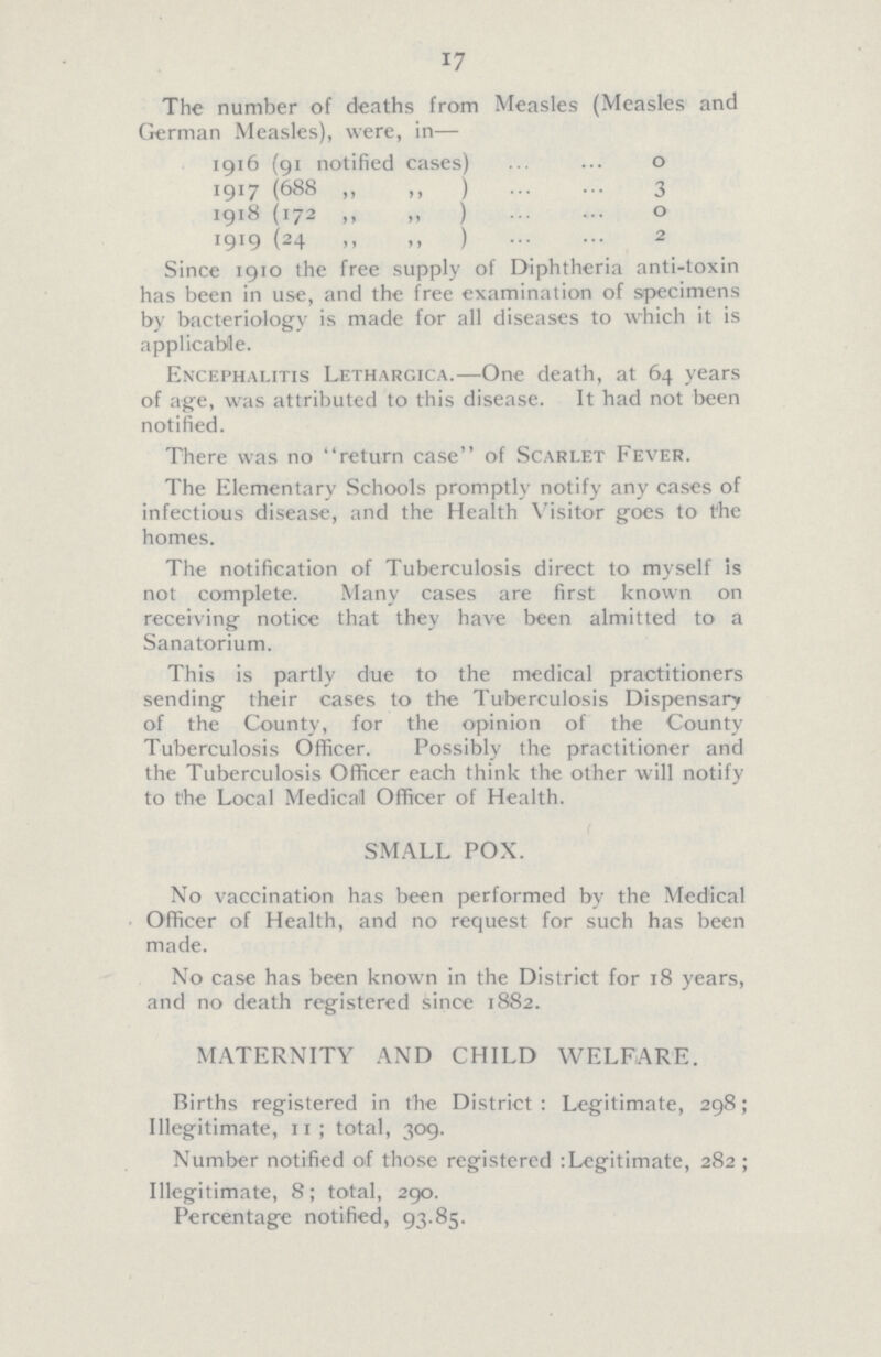 17 The number of deaths from Measles (Measles and German Measles), were, in— 1916 (91 notified cases) 0 1917 (688 „ „ ) 3 1918 (172 „ „ ) 0 1919 (24 „ „ ) 2 Since 1910 the free supply of Diphtheria anti-toxin has been in use, and the free examination of specimens by bacteriology is made for all diseases to which it is applicable. Encephalitis Lethargica.—One death, at 64 years of age, was attributed to this disease. It had not been notified. There was no return case of Scarlet Fever. The Elementary Schools promptly notify any cases of infectious disease, and the Health Visitor goes to the homes. The notification of Tuberculosis direct to myself is not complete. Many cases are first known on receiving notice that they have been almitted to a Sanatorium. This is partly due to the medical practitioners sending their cases to the Tuberculosis Dispensary of the County, for the opinion of the County Tuberculosis Officer. Possibly the practitioner and the Tuberculosis Officer each think the other will notify to the Local Medical Officer of Health. SMALL POX. No vaccination has been performed by the Medical Officer of Health, and no request for such has been made. No case has been known in the District for 18 years, and no death registered since 1882. MATERNITY AND CHILD WELFARE. Births registered in the District: Legitimate, 298; Illegitimate, 11; total, 309. Number notified of those registered: Legitimate, 282; Illegitimate, 8; total, 290. Percentage notified, 93.85.
