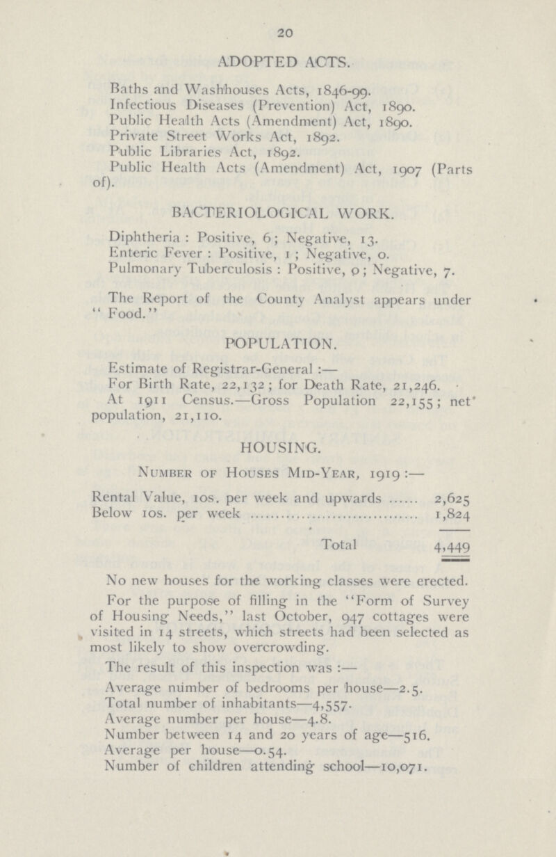 20 ADOPTED ACTS. Baths and Washhouses Acts, 1846-99. Infectious Diseases (Prevention) Act, 1890. Public Health Acts (Amendment) Act, 1890. Private Street Works Act, 1892. Public Libraries Act, 1892. Public Health Acts (Amendment) Act, 1907 (Parts of). BACTERIOLOGICAL WORK. Diphtheria: Positive, 6; Negative, 13. Enteric Fever: Positive, 1; Negative, 0. Pulmonary Tuberculosis: Positive, 0; Negative, 7. The Report of the County Analyst appears under Food. POPULATION. Estimate of Registrar-General:— For Birth Rate, 22,132; for Death Rate, 21,246. At 1911 Census.—Gross Population 22,155; net population, 21,110. HOUSING. Number of Houses Mid-Year, 1919:— Rental Value, 10s. per week and upwards 2,625 Below 10s. per week 1,824 Total 4,449 No new houses for the working classes were erected. For the purpose of filling in the Form of Survey of Housing Needs, last October, 947 cottages were visited in 14 streets, which streets had been selected as most likely to show overcrowding. The result of this inspection was:— Average number of bedrooms per house—2.5. Total number of inhabitants—4,557. Average number per house—4.8. Number between 14 and 20 years of age—516. Average per house—0.54. Number of children attending school—10,071.