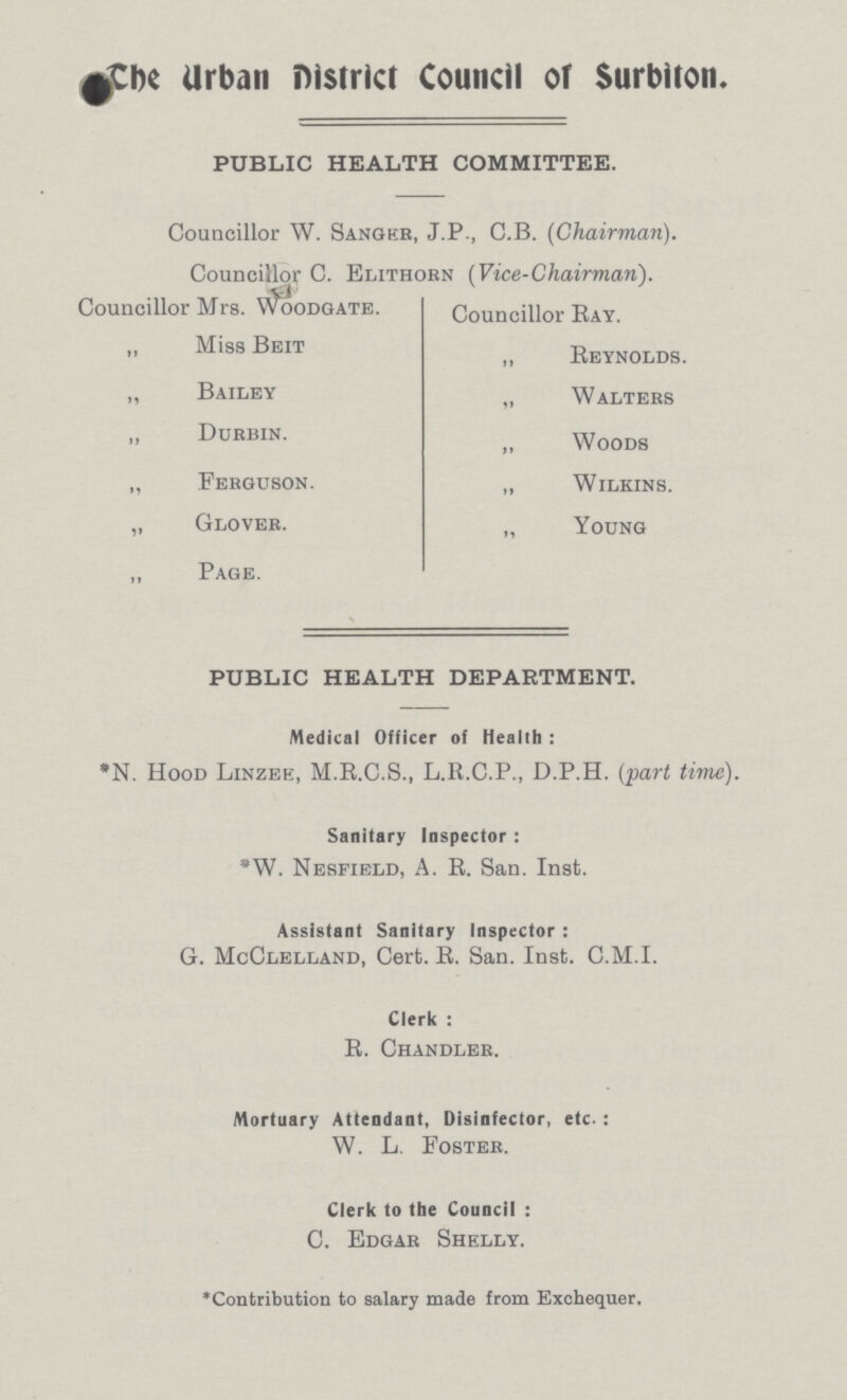 The Urban District Council of Surbiton. PUBLIC HEALTH COMMITTEE. Councillor W. Sanger, J.P., C.B. (Chairman). Councillor C. Elithorn (Vice-Chairman). Councillor Mrs. Woodgate. Councillor Ray. Miss Beit „ Reynolds. „ Bailey „ Walters Dubbin. „ woods Ferguson. „ Wilkins. „ Glover. ,, Young „ Page. PUBLIC HEALTH DEPARTMENT. Medical Officer of Health: *N. Hood Linzee, M.E.C.S., L.R.C.P., D.P.H. (part time). Sanitary Inspector : *W. Nesfield, A. R. San. Inst. Assistant Sanitary Inspector : G. McClelland, Cert. R. San. Inst. C.M.I. Clerk : R. Chandler. Mortuary Attendant, Disinfector, etc.: W. L. Foster. Clerk to the Council: C. Edgar Shelly. Contribution to salary made from Exchequer.