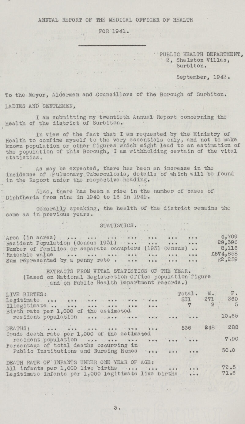 ANNUAL REPORT OP THE MEDICAL OFFICER OF HEALTH FOR 1941. PUBLIC HEALTH DEPARTMENT, 2, Shalston Villas, Surbiton. September, 1942. To the Mayor, Aldermen and Councillors of the Borough of Surbiton. LADIES AND GENTLEMEN, I am submitting my twentieth Annual Report concerning the health of the district of Surbiton. » In view of the fact that I am requested by the Ministry of Health to confine myself to the very essentials only, and not to make known population or other figures which might lead to an estimation of the population of this Borough, I am withholding certain of the vital statistics. As may be expected, there has been an increase in the incidence of ,Pulmonary ,Tuberculosis, details of which will bo found in the Report under the respective heading. Also, there has been a rise in the number of cases of Diphtheria from nine in 1940 to 16 in 1941. Generally speaking, the health of the district remains the same as in previous years. STATISTICS. Area (in acres) 4,709 Resident Population (Census 1931) 29,396 Number of families or separate occupiers (1931 census) .. 8,116 Ra t e able v a lue £57 4,8 [58 Sum represented by. a penny rate £2,259 EXTRACTS FROM VITAL STATISTICS OF THE Y (Based on National Registration Office populat and on Public Health Department record EAR. ion figure s.) LIVE BIRTHS: Total. M. F. Le it imate 531 271 260 11legitimate 7 2 5 Birth rate per 1,000 of the estimated resident population • • • 10.65 DEATHS 536 248 288 Crude death rate per 1,000 of the estimated resident population • • • 7.90 Percentage of total deaths occurring in Public Institutions and Nursing Homes • • • 50.0 DEATH RATE OF INFANTS UNDER ONE YEAR OF AGE: All infants per 1,000 live births ... 72.5 Legitimate infants per 1,000 legitimate live births • • • 71.6 3.