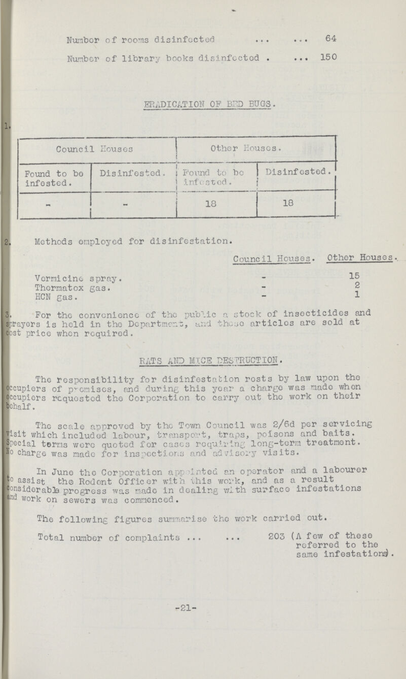 Number of rooms disinfected 64 Number of library books disinfected 150 ERADICATION OP BED BUGS. 1. Council Houses Other Houses. Found to be infested. Disinfested. Found to be infested. Disinfested. - - 18 18 2. Methods employed for disinfestation. Council Houses. Other Houses Vermicine spray. - 15 Thermatox gas. - 2 HCN gas. 1 3. For the convenience of the public a stock of insecticides and a prayers is held in the Department, and these articles are sold at cost price when required. RATS AND MICE DESTRUCTION. The responsibility for disinfestation rests by law upon the occupiers of premises, and during this year a charge was made when occupiers requested the Corporation to carry out the work on their behalf. The scale approved by the Town Council was 2/6d per servicing visit which included labour, transport, traps, poisons and baits. Special terms were quoted for cases requiring long-term treatment. No charge was made for inspections and advisory visits. In June the Corporation appointed an operator and a labourer to assist the Rodent Officer with this work, and as a result considerable progress was made in dealing with surface infestations and work on sewers was commenced. The following figures summarise the work carried out. Total number of complaints 203 (A few of these referred to the same infestations) . -21-