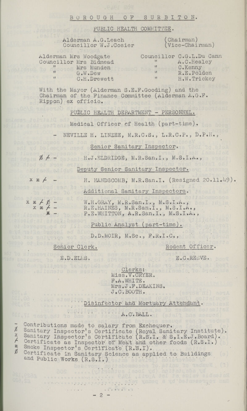 BOROUGH OF SURBITON. PUBLIC HEALTH COMMITTEE. Alderman A.G.Leach (Chairman) Councillor W. J.Cosier (Vice-Chairrnan) Alderman Mrs Woodgate Councillor C.G.L.Du Cann Councillor Mrs Bidmead „ A.C.Healey „ Mrs Mounden „ C.Kenny „ G.W.Dew „ R.E.Polden „ C.H.Drewett „ H.W.Trickey With the Mayor (Alderman S.E.F.Gooding) and the Chairman of the Finance Committee (Alderman A.G.F. Rippon) ex officio. PUBLIC HEALTH DEPARTMENT-PERSONNEL. Medical Officer of Health (part-time). - NEVILLE H. LINZEE, M.R.C.S., L.R.C.P., D.P.H., Senior Sanitary Inspector. ??? / - H.J. ELDRIDGE, M.R.San.I., M.S.I.A., Deputy Senior Sanitary Inspector. x x / - H. HANDSCOMB, M.R.San.I. (Resigned 20.11.49). Additional Sanitary Inspectors. x x / ø - W.H.GRAY, M.R.San.I., M.S.I.A., x x / - R.E.HAINES, M.R.San.I., M.S.I.A., X - P.E.WHITTON, A.R.San.I., M.S.I.A., Public Analyst (part-time). D.D.MOIR, M.Sc., F.R.I.C., Senior Clerk. Rodent Officer. E.D.ELMS. E.C.REEVE. Clerks: Miss.V.CRYER. F.A.WHITE. Mrs.J.F.DEAKINS. J.C. BOOTH. Disinfector and Mortuary Attendant. A. C. BALL. - Contributions made to salary from Exchequer. ??? Sanitary Inspector's Certificate (Royal Sanitary Institute), x Sanitary Inspector's Certificate' (R.S.I. & S,I.E,J.Board). / Certificate as Inspector of Meat and other foods (R.S.I.) x Smoke Inspector's Certificate (R.S.I). ø Certificate in Sanitary Science as applied to Buildings and Public Works (R.S.I.) 2