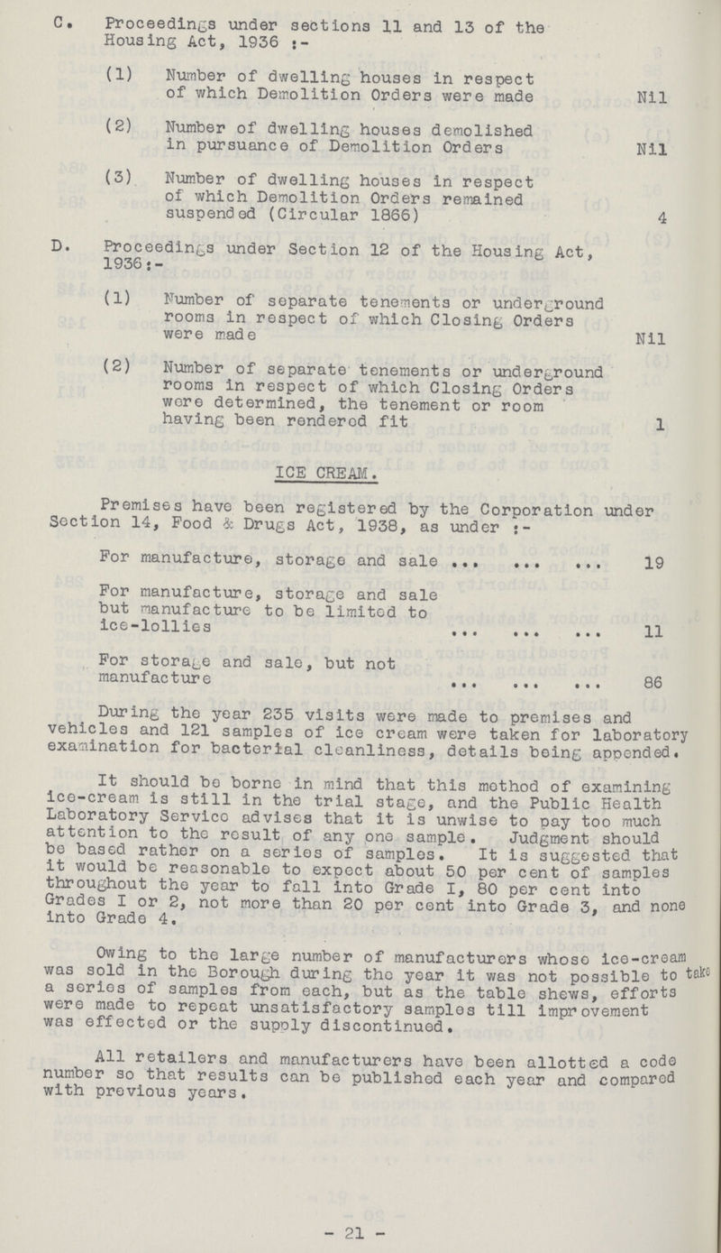 G. Proceedings under sections 11 and 13 of the Housing Act, 1936:- (1) Number of dwelling houses in respect of which Demolition Orders were made Nil (2) Number of dwelling houses demolished in pursuance of Demolition Orders Nil (3) Number of dwelling houses in respect of which Demolition Orders remained suspended (Circular 1866) 4 D. Proceedings under Section 12 of the Housing Act, 1936:- (1) Number of separate tenements or underground rooms in respect of which Closing Orders were made Nil (2) Number of separate tenements or underground rooms in respect of which Closing Orders wore determined, the tenement or room having been rendered fit 1 ICE CREAM. Premises have been registered by the Corporation under Section 14, Pood & Drugs Act, 1938, as under:- For manufacture, storage and sale 19 For manufacture, storage and sale but manufacture to be limited to ice-lollies 11 For storage and sale, but not manufacture 86 During the year 235 visits were made to premises and vehicles and 121 samples of ice cream were taken for laboratory examination for bacterial cleanliness, details being appended. It should be borne in mind that this method of examining ice-cream is still in the trial stage, and the Public Health Laboratory Service advises that it is unwise to pay too much attention to the result of any one sample. Judgment should be based rather on a series of samples. It is suggested that it would be reasonable to expect about 50 per cent of samples throughout the year to fall into Grade I, 80 per cent into Grades 1 or 2, not more than 20 per cent into Grade 3, and none into Grade 4. Owing to the large number of manufacturers whose ice-cream was sold in the Borough during the year it was not possible to tap a series of samples from each, but as the table shews, efforts were made to repeat unsatisfactory samples till improvement was effected or the supoly discontinued. All retailers and manufacturers have been allotted a code number so that results can be published each year and compared with previous years. - 21 -