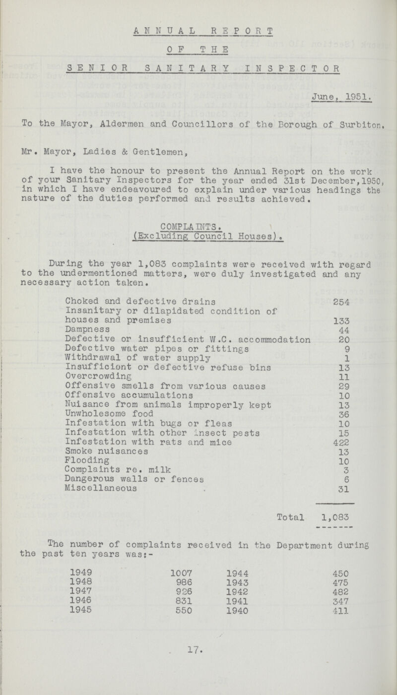 ANNUAL REPORT OF THE SENIOR SANITARY INSPECTOR June, 1951. To the Mayor, Aldermen and Councillors of the Borough of Surbiton. Mr. Mayor, Ladies & Gentlemen, I have the honour to present the Annual Report on the work of your Sanitary Inspectors for the year ended 31st December,1950, in which I have endeavoured to explain under various headings the nature of the duties performed and results achieved. COMPLAINTS. (Excluding Council Houses). During the year 1,083 complaints were received with regard to the undermentioned matters, were duly investigated and any necessary action taken. Choked and defective drains 254 Insanitary or dilapidated condition of houses and premises 133 Dampness 44 Defective or insufficient W.C. accommodation 20 Defective water pipes or fittings 9 Withdrawal of water supply 1 Insufficient or defective refuse bins 13 Overcrowding 11 Offensive smells from various causes 29 Offensive accumulations 10 Nuisance from animals improperly kept 13 Unwholesome food 36 Infestation with bugs or fleas 10 Infestation with other insect pests 15 Infestation with rats and mice 422 Smoke nuisances 13 Flooding 10 Complaints re. milk 3 Dangerous walls or fences 6 Miscellaneous . 31 Total 1,083 The number of complaints received in the Department during the past ten years was:- 1949 1007 1944 450 1948 986 1943 475 1947 926 1942 482 1946 831 1941 347 1945 550 1940 411 17.