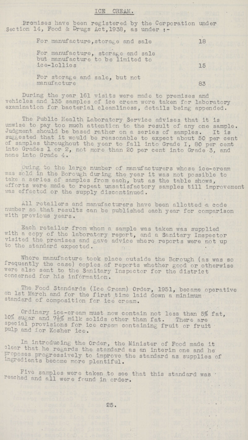 ICE CREAM. Promises have been registered by the Corporation under Section 14, Food 8c Drugs Act, 1938, as under For manufacture,storage and sale 18 For manufacture, storage and sale but manufacture to be limited to ice-lollies 15 For storage and sale, but not manufacture 83 During the year 161 visits were made to premises and vehicles and 135 samples of ice cream wore taken for laboratory examination for bacterial cleanliness, details being appended. The Public Health Laboratory Service advises that it is unwise to pay too much attention to the result of any one sample. Judgment should be based rather on a series of samples. It is suggested that it would be reasonable to expect about 50 per cent. of samples throughout the year to fall into Grade I, 80 per cent into Grades 1 or 2, not more than 20 per cent into Grade 3, and none into Grade 4. Owing to the large number of manufacturers whose ice-cream was sold in the Borough during the year it was not possible to take a series of samples from each, but as the table shows, efforts were made to repeat unsatisfactory samples till improvement was effected or the supply discontinued. All retailers and manufacturers have been allotted a code number so that results can be published each year for comparison with previous years. Each retailer from whom a sample was taken was supplied with a copy of the laboratory report, and a Sanitary Inspector visited the premises and gave advice where reports were not up to the standard expected. Where manufacture took place outside the Borough (as was so frequently the case) copies of reports whether good or otherwise were also sent to the Sanitary Inspector for the district concerned for his information. The Food Standards (Ice Cream) Order, 1951, became operative on 1st March and for the first time laid down a minimum standard of composition for ice cream. Ordinary Ice-cream must now contain not less than 5% fat, 10% sugar and 7½% milk solids other than fat. There are special provisions for ice cream containing fruit or fruit pulp and for Kosher ice. In introducing the Order, the Minister of Food made it clear that he regards the standard as an interim one and he proposes progressively to improve the standard as supplies of ingredients become more plentiful. 25. Five samples were taken to see that this standard was * reached and all were found in order.