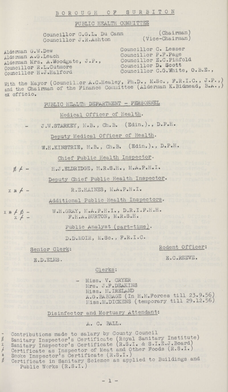 BOROUGH OF SURBITON PUBLIC HEALTH COMMITTEE Councillor C.G.L. Du Cann (Chairman) Councillor J.R.Ashton (Vice.Chairman) Alderman G.W.Dew Councillor C. Lesser Aldeman A.G.Leach Councillor P.P.Page Alderman Mrs. A.Woodgate, J.P., Councillor E.C.Pinfold Councillor R.L.Cutmore Councillor D. Scott Councillor H.J.Halfora Councillor C.G.White, O.B.E., With the Mayor (Councillor A.C.Healey, Ph.D., M.Sc., P.R.I.C., J.P.,) and the Chairman of the Finance Committee (Alderman K.Bidmead, B.A.,) ex officio. PUBLIC HEALTH DEPARTMENT . PERSONNEL Medical Officer of Health. J.W.STARKEY, M.B., Ch.B. (Edin.)., D.P.H. Deputy Medical Officer of Health. W.H.KINSTRIE, M.B., Ch.B, (Edin.)., D.P.H. Chief Public Health Inspector. £/ . H.J.ELDRIDGE, M.R.S.H., M.A.P.H.I. Deputy Chief Public Health Inspector, xx/ . R.S.HAINES, M.A.P.H.I. Additional Public Health Inspectors. x * / . W.H.GRAY, M.A.P.H.I., D.R.I.P.H.H. x / . P.H.A.BURTON, M.R.S.H., Public Analyst (part.time). D.D.MOIR, M.Sc., P.R.I.C. Senior Cleric; Rodent Officer: E.D.ELMS. E.C.REEVE. Clerks: . Miss. V. CRYER Mrs. J.F.DEAKINS Miss. M.IRELAND A.G.BABBAGE (In H.M.Forces till 23.9.56) Fiss.M.DICKENS (temporary till 29.12.56) Disinfector and Mortuary Attendant: A. C. BALL. . Contributions made to salary by County Council % Sanitary Inspector's Certificate (Royal Sanitary Institute) x Sanitary Inspector's Certificate (R.S.I. & S.I.E.J.Board) Certificate as Inspector of Meat and Other Foods (R.S.I.) Smoke Inspector's Certificate (R.S.I.) Certificate in Sanitary Science as applied to Buildings and Public Works (R.S.I.) 1