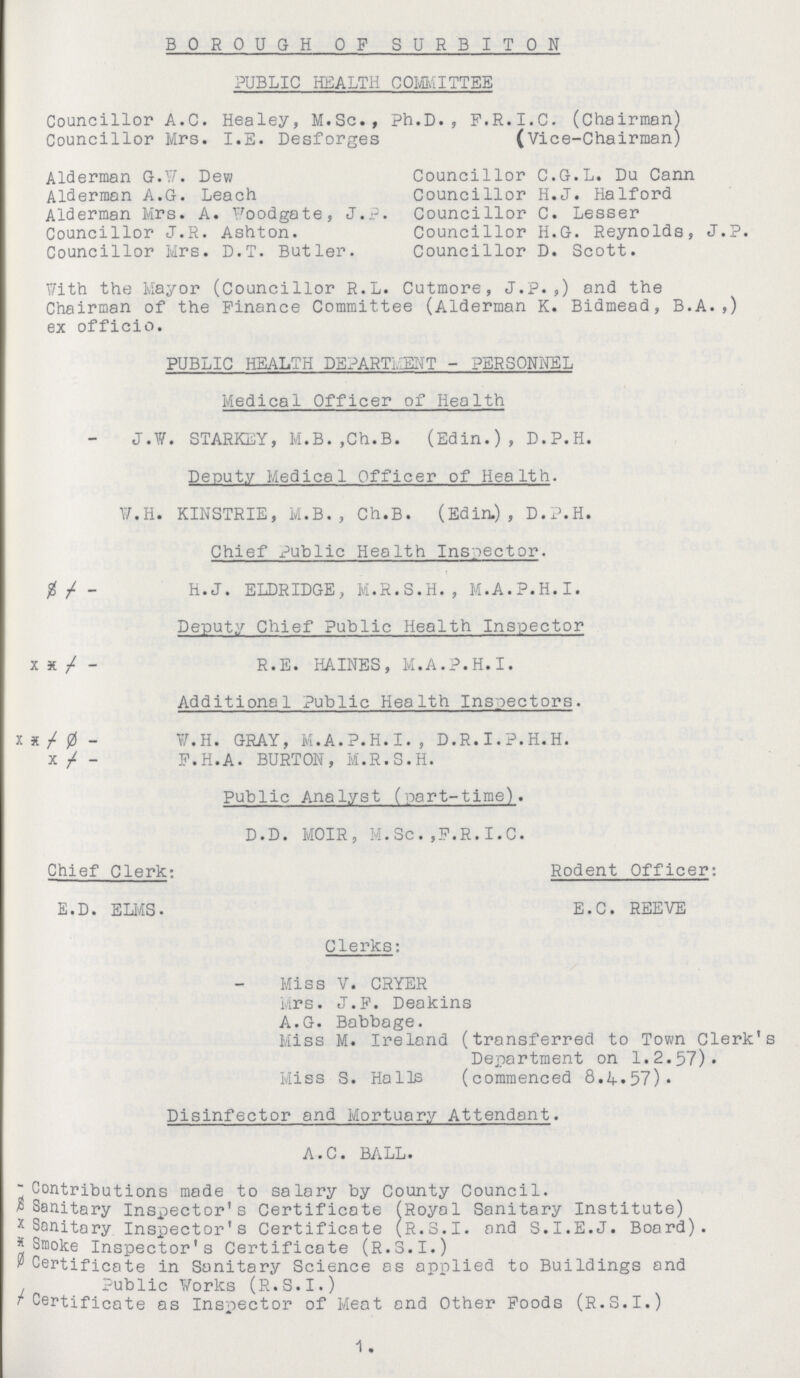 BOROUGH OF SURBITON PUBLIC HEALTH COMMITTEE Councillor A.C. Healey, M.Sc., Ph.D., F.R.I.C. (Chairman) Councillor Mrs. I.E. Desforges (Vice-Chairman) Alderman G.W. Dew Councillor C.G.L. Du Cann Alderman A.G. Leach Councillor H.J. Halford Alderman Mrs. A. Woodgate, J.P. Councillor C. Lesser Councillor J.R. Ashton. Councillor H.G. Reynolds, J.P. Councillor Mrs. D.T. Butler. Councillor D. Scott. Y/ith the Mayor (Councillor R.L. Cutmore, J.P.,) and the Chairman of the Finance Committee (Alderman K. Bidmead, B.A.,) ex officio. PUBLIC HEALTH DEPARTMENT - PERSONNEL Medical Officer of Health J.W. STARKEY, M.B.,Ch.B. (Edin.), D.P.H. Deputy Medical Officer of Health. W.H. KINSTRIE, M.B., Ch.B. (Edin.), D.P.H. Chief Public Health Inspector. $ †- H.J. ELDRIDGE, M.R.S.H., M.A.P.H.I. Deputy Chief Public Health Inspector x*†- R.E. HAINES, M.A.P.H.I. Additional x^ublic Health Inspectors. x*†Ø- V. H. GRAY, M.A.P.H.I., D.R.I.P.H.H. x†- F.H.A. BURTON, M.R.S.H. Public Analyst (part-time). D.D. MOIR, M.Sc.,F.R.I.C. Chief Clerk: E.D. EMS. Rodent Officer: E.C. REEVE Clerks: Miss V. CRYER Mrs. J.F. Deakins A.G. Babbage. Miss M. Ireland Miss S. Halls transferred to Town Clerk's Department on 1.2.57). commenced 8.4.57). Disinfector and Mortuary Attendant. A. C. BALL. - Contributions made to salary by County Council. $ Sanitary Inspector's Certificate (Royal Sanitary Institute) x Sanitary Inspector's Certificate (R.S.I, and S.I.E.J. Board). * Smoke Inspector's Certificate (R.S.I.) Ø Certificate in Sanitary Science as applied to Buildings and Public Vorks (R.S.I.) † Certificate as Inspector of Meat and Other Foods (R.S.I.) 1.