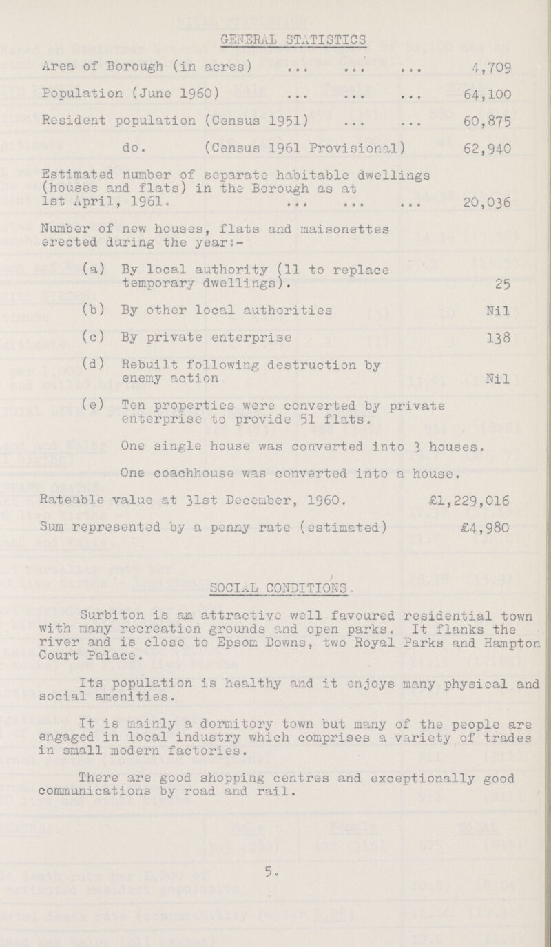 GENERAl STATISTICS Area of Borough (in acres) 4,709 Population (June I960) 64,100 Resident population (Census 1951) 60,875 do. (Census 1961 Provisional) 62,940 Estimated number of separate habitable dwellings (houses and flats) in the Borough as at 1st April, 1961. 20,036 Number of new houses, flats and maisonettes erected during the years- (a) By local authority (11 to replace temporary dwellings) 25 (b) By other local authorities Nil (c) By private enterprise 138 (d) Rebuilt following destruction by enemy action Nil (e) Ten properties were converted by private enterprise to provide 51 flats. One single house was converted into 3 houses. One coachhouse was converted into a house. Rateable value at 31st December, 1960. £1,229,016 Sum represented by a penny rate (estimated) £4,980 SOCIAL CONDITIONS. Surbiton is an attractive well favoured residential town with many recreation grounds and open parks. It flanks the river and is close to Epsom Downs, two Royal Parks and Hampton Court Palace. Its population is healthy and it enjoys many physical and social amenities. It is mainly a dormitory town but many of the people are engaged in local industry which comprises a variety of trades in small modern factories. There are good shopping centres and exceptionally good communications by road and rail. 5.