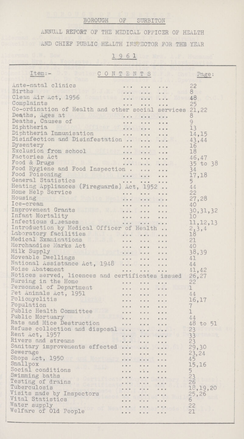 BOROUGH OF SURBITON ANNUAL REPORT OF THE MEDICAL OFFICER OF HEALTH AND CHIEF PUBLIC HEALTH INSPECTOR FOR THE YEAR 1961 Items- CONTENTS Page: Ante-natal clinics 22 Births 8 Clean Air Act, 1956 48 Complaints 25 Co-ordination of Health and other social services 21,22 Deaths, Ages at 8 Deaths, Causes of 9 Diphtheria 13 Diphtheria Immunisation 14,15 Disinfection and Disinfestation 43,44 Dysentery 16 Exclusion from school 18 Factories Act 46,47 Food & Drugs 35 to 38 Food Hygiene and Food Inspection 34 Food Poisoning 17,18 General Statistics 5 Heating Appliances (Fireguards) Act, 1952 44 Home Help Service 22 Housing 27,28 Ice-cream 40 Improvement Grants 30,31,32 Infant Mortality 10 Infectious diseases 11,12,13 Introduction by Medical Officer of Health 2,3,4 Laboratory facilities 18 Medical Examinations 21 Merchandise Marks Act 40 Milk Supply 38,39 Moveable Dwellings 41 National Assistance Act, 1948 44 Noise Abatement 41,42 Notices served, licences and certificates issued 26,27 Nursing in the Home 22 Personnel of Department 1 Pet Animals Act, 1951 44 Poliomyelitis 16,17 Population 7 Public Health Committee 1 Public Mortuary 44 Rats and Mice Destruction 48 to 51 Refuse collection and disposal 23 Rent Act, 1957 33 Rivers and streams 23 Sanitary improvements effected 29,30 Sewerage 23,24 Shops Act, 1950 45 Smallpox 15,16 Social conditions 5 Swimming baths 23 Testing of drains 26 Tuberculosis 18,19,20 Visits made by Inspectors 25,26 Vital Statistics 6 Water supply 22 Welfare of Old People 21