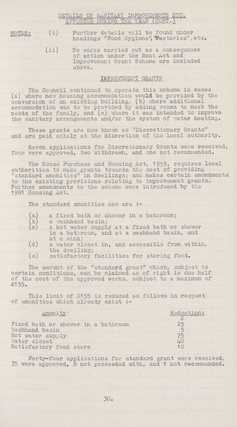 DETAILS OF SANITARY IMPROVEMENTS ETC. EFFECTED DURING THE YEAR (CONT.) NOTES: (i) Further details will be found under headings Food Hygiene',Factories , etc. (ii) No works carried out as a consequence of action under the Rent Act and Improvement Grant Scheme are included above. IMPROVEMENT GRANTS The Council continued to operate this scheme in cases (a) where new housing accommodation would be provided by the conversion of an existing building, (b) where additional accommodation was to be provided by adding rooms to meet the needs of the family, and (c) where it was intended to improve the sanitary arrangements and/or the system of water heating. These grants are now known as Discretionary Grants and are paid solely at the discretion of the local authority. Seven applications for Discretionary Grants were received, four were approved, two withdrawn, and one not recommended. The House Purchase and Housing Act, 1959, requires local authorities to make grants towards the cost of providing standard amenities in dwellings; and makes certain amendments to the existing provisions relating to improvement grants. Further amendments to the scheme were introduced by the 1961 Housing Act. The standard amenities now are (a) a fixed bath or shower in a bathroom; (b) a washhand basin; (c) a hot water supply at a fixed bath or shower in a bathroom, and at a washhand basin, and at a sink; (d) a water closet in, and accessible from within, the dwelling; (e) satisfactory facilities for storing food. The amount of the standard grant which, subject to certain conditions, can be claimed as of right is one half of the cost of the approved works, subject to a maximum of £155. This limit of £155 is reduced as follows in respect of amenities which already exist Amenity Reduction: £ Fixed bath or shower in a bathroom 25 Washhand basin 5 Hot water supply 75 Water closet 40 Satisfactory food store 10 Forty-four applications for standard grant were received, 35 were approved, 8 not proceeded with, and 1 not recommended. 30.