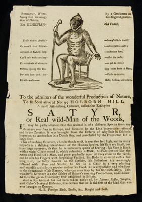 To the admirers of the wonderful production of nature, to be seen alive at no.99 Holborn Hill : a most astonishing creature, called the Ethiopian Satyr, or Real wild-man of the woods.