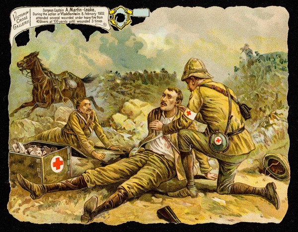 Victoria cross gallery : Surgeon-Captain A. Martin-Leake : during the action at Vlakfontein 8, February 1902 attended several wounded under heavy fire from 40 Boers at 100 yards until wounded 3 times.