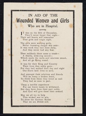 In aid of the wounded women and girls who are in hospital : it was on the fifth of December, they'll never forget that night.