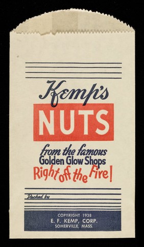 Kemp's nuts : from the famous golden Glow Shops right off the fire! / packed by E.F. Kemp, Corp.