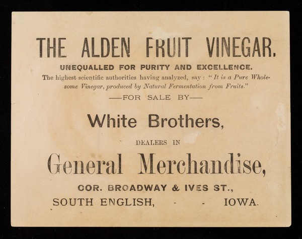 Use the Alden Fruit Vinegar / White Brothers.