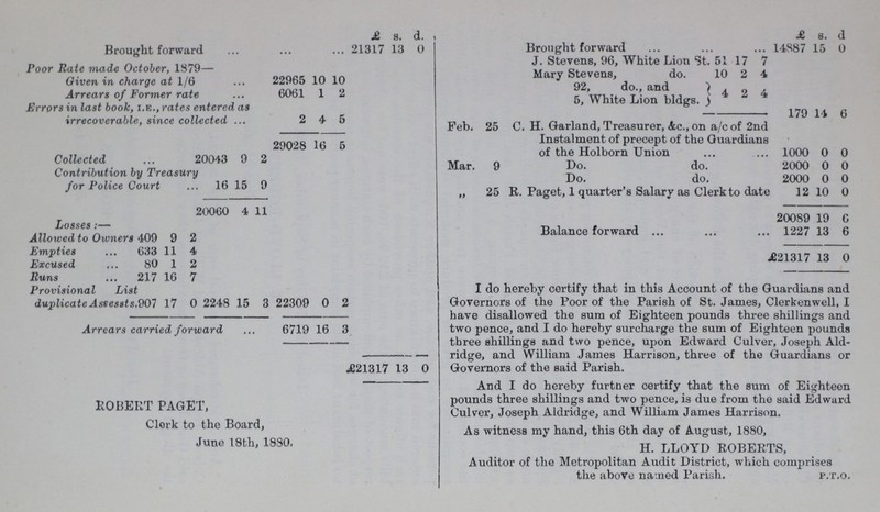 ridge, and William James Harrison, three of the Guardians or Governors of the said Parish.  £ s. d. £ s. d Brought forward 21317 13 0 Brought forward 14887 15 0 J. Stevens, 96, White Lion St. 51 17 7 Poor Rate made October, 1879— Mary Stevens, do. 10 2 4 Given in charge at 1/6 22965 10 10 92, do., and 5, White Lion bldgs. 4 2 4 Arrears of Former rate 6061 1 2 Errors in last book, i.e., rates entered as irrecoverable, since collected 2 4 5 179 14 6 Feb. 25 C. H. Garland, Treasurer, &c., on a/c of 2nd Instalment of precept of the Guardians of the Holborn Union 1000 0 0 29028 16 5 Collected 20043 9 2 Mar. 9 Do. do. 2000 0 0 Contribution by Treasury for Police Court 16 15 9 Do. do. 2000 0 0 „ 25 R. Paget, 1 quarter's Salary as Clerk to date 12 10 0 20060 4 11 20089 19 c Losses:— Balance forward 1227 13 6 Allowed to Owners 409 9 2 Empties 633 11 4 Excused 80 1 2 Runs 217 16 7 Provisional List duplicate Assessts 907 17 0 2248 15 8 22309 0 2 Arrears carried forward 6719 16 3, £21317 13 0 £21317 13 0 ROBERT PAGET, Clerk to the Board, June 18th, 1880. I do hereby certify that in this Account of the Guardians and Governors of the poor of the Parish of St. James, Clerkenwell, I have disallowed the sum of Eighteen pounds three shillings and two pence, and I do hereby surcharge the sum of Eighteen pounds And I do hereby furtner certify that the sum of Eighteen pounds three shillings and two pence, is due from the said Edward Culver, Joseph Aldridge, and William James Harrison. As witness my hand, this 6th day of August, 1880, H. LLOYD ROBERTS, Auditor of the Metropolitan Audit District, which comprises the above named Parish. p.t.o.
