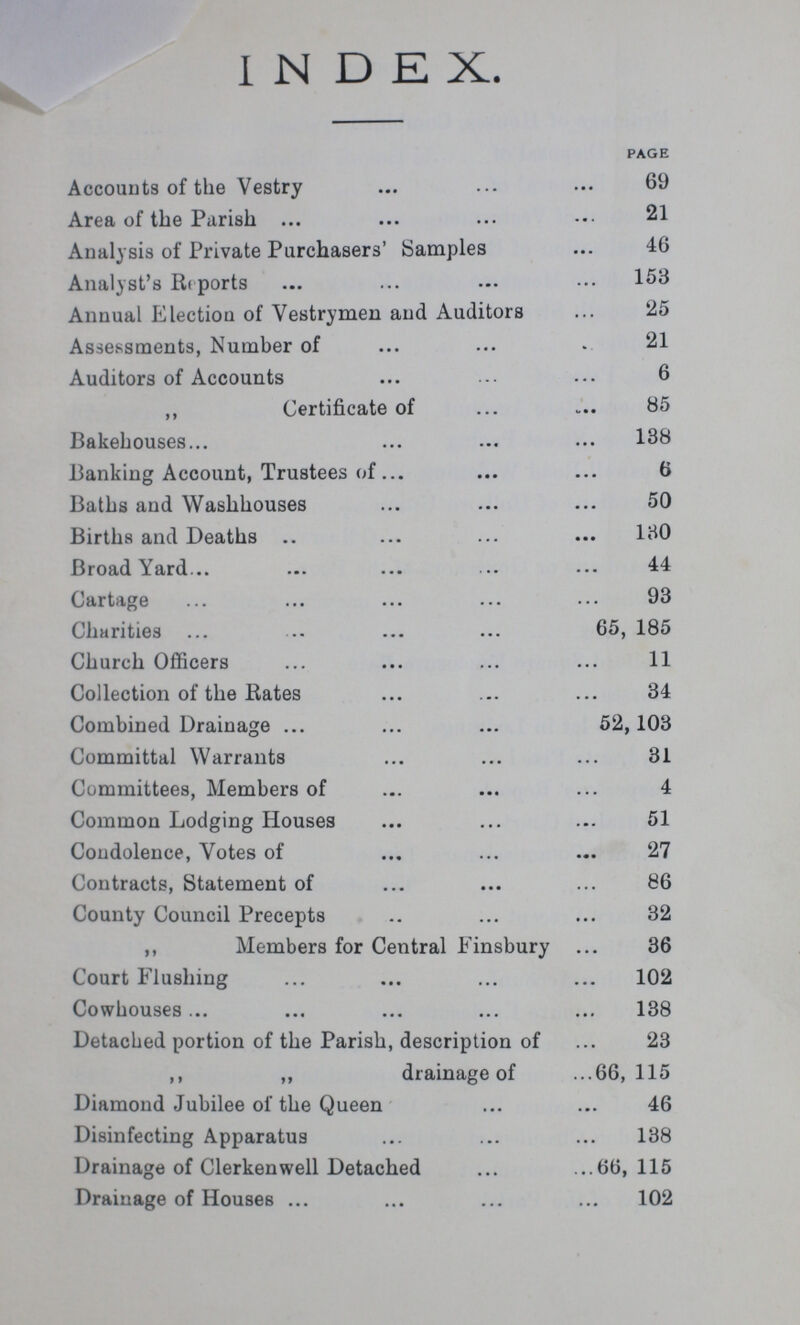 INDEX. PAGE Accounts of the Vestry 69 Area of the Parish 21 Analysis of Private Purchasers' Samples 46 Analyst's Reports 153 Annual Election of Vestrymen and Auditors 25 Assessments, Number of 21 Auditors of Accounts 6 ,, Certificate of 85 Bakehouses 138 Banking Account, Trustees of 6 Baths and Washhouses 50 Births and Deaths 130 Broad Yard 44 Cartage 93 Charities 65, 185 Church Officers 11 Collection of the Rates 34 Combined Drainage 52,103 Committal Warrants 31 Committees, Members of 4 Common Lodging Houses 51 Condolence, Votes of 27 Contracts, Statement of 86 County Council Precepts .. 32 ,, Members for Central Finsbury 36 Court Flushing 102 Cowhouses 138 Detached portion of the Parish, description of 23 ,, ,, drainage of 66, 115 Diamond Jubilee of the Queen 46 Disinfecting Apparatus 138 Drainage of Clerkenwell Detached 66,115 Drainage of Houses 102