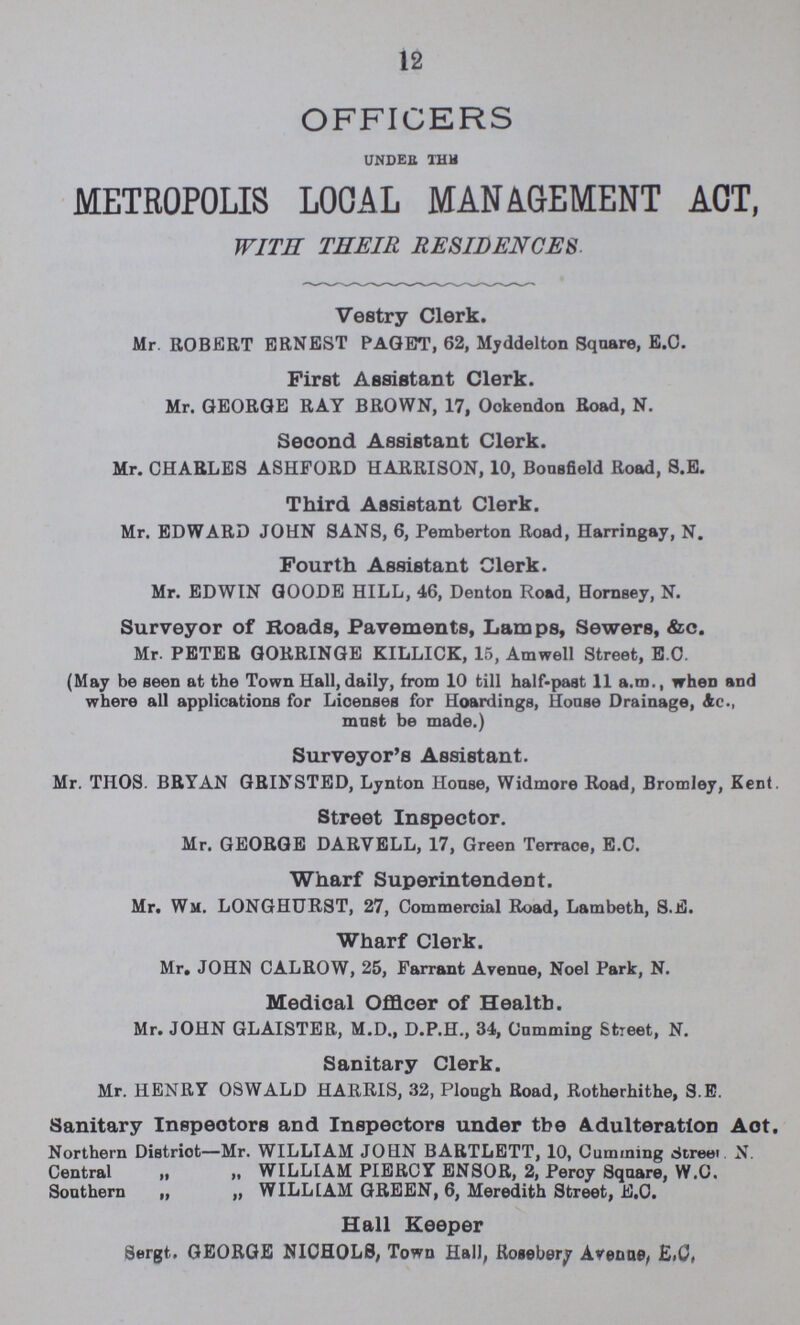 12 OFFICERS under the METROPOLIS LOCAL MANAGEMENT ACT, WITH THEIR RESIDENCES. Vestry Clerk. Mr. ROBERT ERNEST PAGET, 62, Myddelton Square, E.C. First Assistant Clerk. Mr. GEORGE RAY BROWN, 17, Ockendon Road, N. Second Assistant Clerk. Mr. CHARLES ASHFORD HARRISON, 10, Bousfield Road, S.E. Third Assistant Clerk. Mr. EDWARD JOHN SANS, 6, Pemberton Road, Harringay, N. Fourth Assistant Clerk. Mr. EDWIN GOODE HILL, 46, Denton Road, Hornsey, N. Surveyor of Roads, Pavements, Lamps, Sewers, &c. Mr. PETER GORRINGE KILLICK, 15, Amwell Street, E.C. (May be seen at the Town Hall, daily, from 10 till half-past 11 a.m., when and where all applications for Licenses for Hoardings, House Drainage, Ac., must be made.) Surveyor's Assistant. Mr. THOS. BRYAN GRINSTED, Lynton House, Widmore Road, Bromley, Kent. Street Inspector. Mr. GEORGE DARYELL, 17, Green Terrace, E.C. Wharf Superintendent. Mr. Wm. LONGHURST, 27, Commercial Road, Lambeth, S.E. Wharf Clerk. Mr, JOHN CALROW, 25, Farrant Avenue, Noel Park, N. Medical Officer of Health. Mr. JOHN GLAISTER, M.D., D.P.H., 34, Camming Street, N. Sanitary Clerk. Mr. HENRY OSWALD HARRIS, 32, Plough Road, Rotherhithe, S.E. Sanitary Inspectors and Inspectors under the Adulteration Act. Northern District—Mr. WILLIAM JOHN BARTLETT, 10, Cumming Street. N. Central „ ,. WILLIAM PIERCY ENSOR, 2, Percy Square, W.C. Southern „ „ WILLIAM GREEN, 6, Meredith Street, E.C. Hall Keeper Sergt. GEORGE NICHOLS, Town Hall, Rosebery Avenue, E.C.