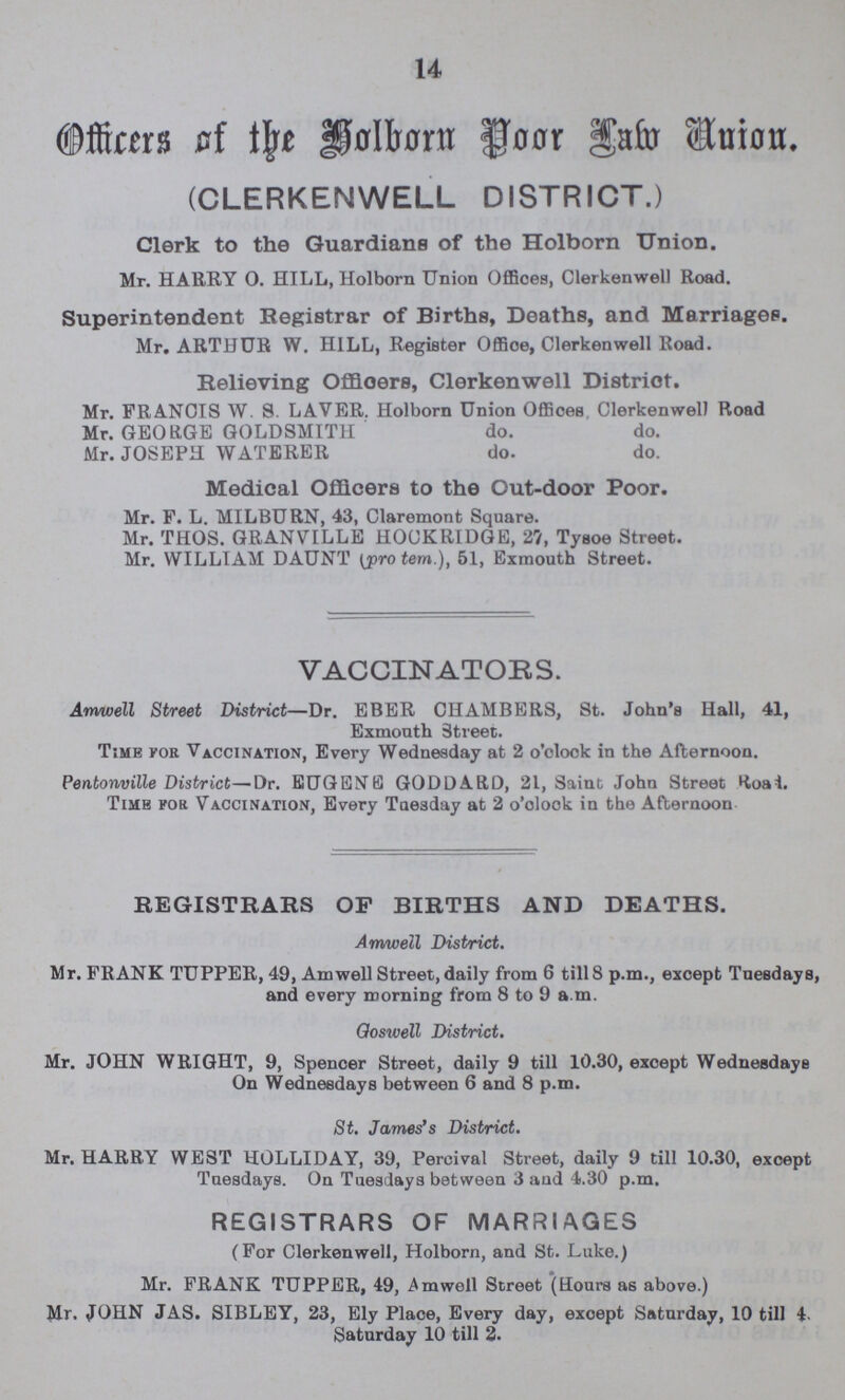14 Officers of the Holborn Poor Law Union. (CLERKENWELL DISTRICT.) Clerk to the Guardians of the Holborn Union. Mr. HARRY O. HILL, Holborn Union Offices, Clerkenwell Road. Superintendent Registrar of Births, Deaths, and Marriages. Mr. ARTHUR W. HILL, Register Office, Clerkenwell Road. Relieving Officers, Clerkenwell District. Mr. FRANCIS W. S. LAVER. Holborn Union Offices, Clerkenwell Road Mr. GEORGE GOLDSMITH do. do. Mr. JOSEPH WATERER do. do. Medical Officers to the Out-door Poor. Mr. F. L. MILBURN, 43, Claremont Square. Mr. THOS. GRANVILLE HOCKRIDGE, 27, Tysoe Street. Mr. WILLIAM DAUNT (pro tem.), 51, Exmouth Street. VACCINATORS. Amwell Street District—Dr. EBER CHAMBERS, St. John's Hall, 41, Exmouth Street. Time For Vaccination, Every Wednesday at 2 o'clook in the Afternoon. Pentonville District—Dr. EUGENE GODDARD, 21, Saint John Street Road. Time for Vaccination, Every Tuesday at 2 o'clock in the Afternoon. REGISTRARS OF BIRTHS AND DEATHS. Amwell District. Mr. FRANK TUPPER, 49, Amwell Street, daily from 6 till 8 p.m., except Tuesdays, and every morning from 8 to 9 a.m. Goswell District. Mr. JOHN WRIGHT, 9, Spencer Street, daily 9 till 10.30, except Wednesdays On Wednesdays between 6 and 8 p.m. St. James's District. Mr. HARRY WEST HOLLIDAY, 39, Percival Street, daily 9 till 10.30, except Tuesdays. On Tuesdays between 3 and 4.30 p.m. REGISTRARS OF MARRIAGES (For Clerkenwell, Holborn, and St. Luke.) Mr. FRANK TUPPER, 49, Amwell Street (Hours as above.) Mr. JOHN JAS. SIBLEY, 23, Ely Place, Every day, except Saturday, 10 till 4. Saturday 10 till 2.