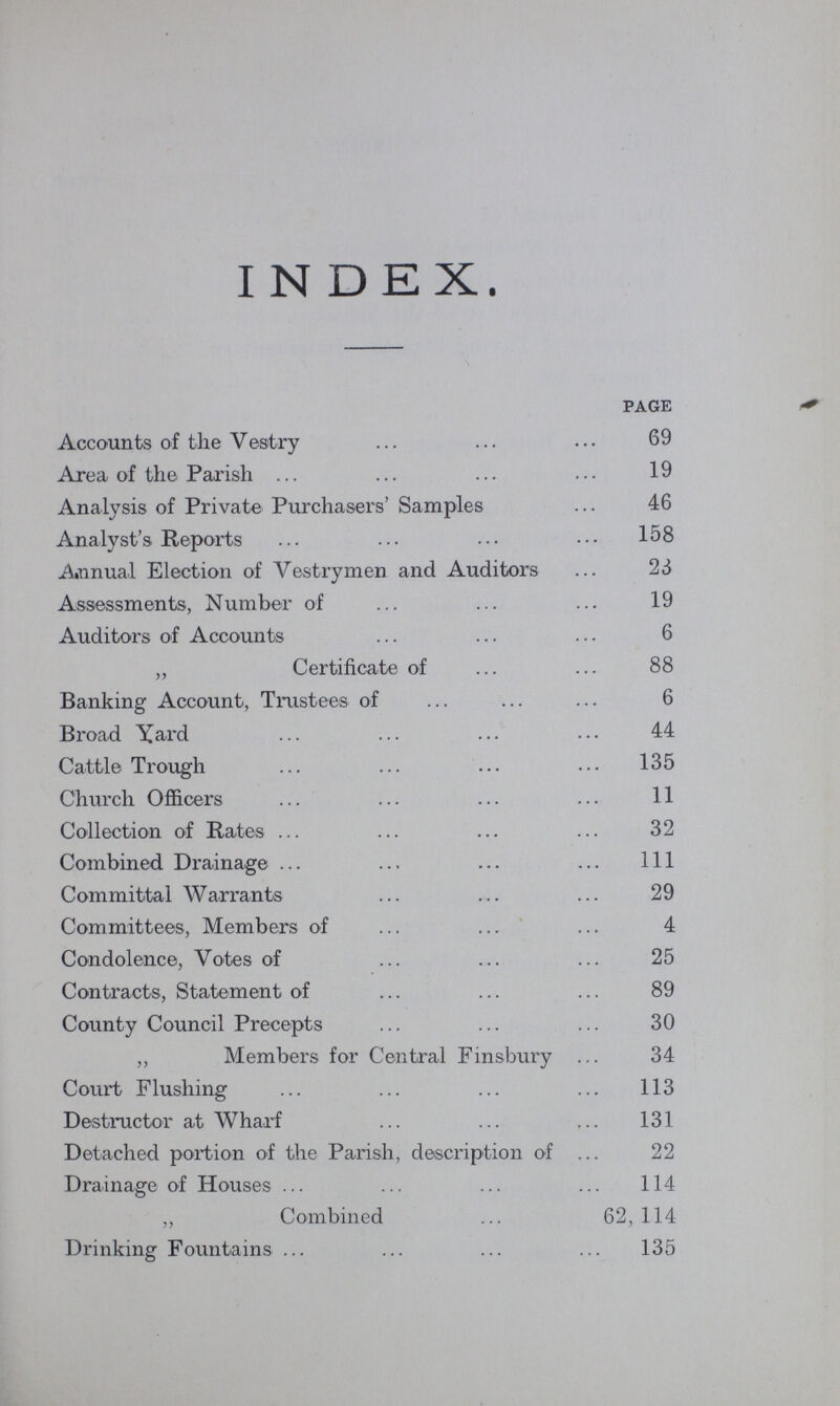 INDEX. PAGE Accounts of the Vestry 69 Area of the Parish 19 Analysis of Private Purchasers' Samples 46 Analyst's Reports 158 Annual Election of Vestrymen and Auditors 23 Assessments, Number of 19 Auditors of Accounts 6 „ Certificate of 88 Banking Account, Trustees of 6 Broad Yard 44 Cattle Trough 135 Church Officers 11 Collection of Rates 32 Combined Drainage 111 Committal Warrants 29 Committees, Members of 4 Condolence, Votes of 25 Contracts, Statement of 89 County Council Precepts 30 ,, Members for Central Finsbury 34 Court Flushing 113 Destructor at Wharf 131 Detached portion of the Parish, description of 22 Drainage of Houses 114 ,, Combined 62, 114 Drinking Fountains 135