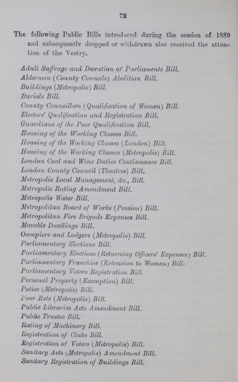 73 The following Public Bills introduced during the session of 1889 and subsequently dropped or withdrawn also received the atten tion of the Vestry. Adult Suffrage and Duration of Parliaments Bill. Aldermen (County Councils) Abolition Bill. Buildings (Metropolis) Bill. Burials Bill. County Councillors (Qualification of Women) Bill. Electors' Qualification and Registration Bill. Guardians of the Poor Qualification Bill. Housing of the Working Classes Bill. Housing of the Working Classes (London) Bill. Housing of the Working Classes (Metropolis) Bill. London Coal and Wine Duties Continuance Bill. London County Council (Theatres) Bill. Metropolis Local Management, &c., Bill. Metropolis Rating Amendment Bill. Metropolis Water Bill. Metropolitan Board of Works (Pension) Bill. Metropolitan Fire Brigade Expenses Bill. Movable Dwellings Bill. Occupiers and Lodgers (Metropolis) Bill. Parliamentary Elections Bill. Parliamentary Elections (Returning Officers' Expenses) Bill. Parliamentary Franchise (Extension to Women) Bill. Parliamentary Voters Registration Bill. Personal Property (Exemption) Bill. Police (Metropolis) Bill. Poor Rate (Metropolis) Bill. Public Libraries Acts Amendment Bill. Public Trustee Bill. Rating of Machinery Bill. Registration of Clubs Bill. Registration of Voters (Metropolis) Bill. Sanitary Acts (Metropolis) Amendment Bill. Sanitary Registration of Buildings Bill.