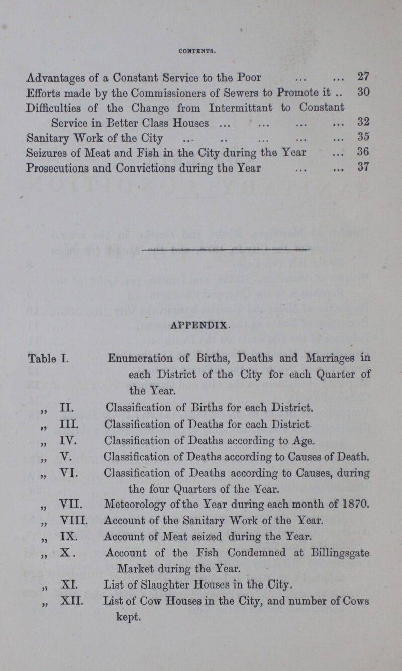 contents. Advantages of a Constant Service to the Poor 27 Efforts made by the Commissioners of Sewers to Promote it 30 Difficulties of the Change from Intermittant to Constant Service in Better Class Houses 32 Sanitary Work of the City 35 Seizures of Meat and Fish in the City during the Year 36 Prosecutions and Convictions during the Year 37 APPENDIX. Table I. Enumeration of Births, Deaths and Marriages in each District of the City for each Quarter of the Year. 99 II. Classification of Births for each District. 99 III. Classification of Deaths for each District 99 1Y. Classification of Deaths according to Age- 99 V. Classification of Deaths according to Causes of Death. 99 YI. Classification of Deaths according to Causes, during the four Quarters of the Year. 99 VII. Meteorology of the Year during each month of 1870. 99 VIII. Account of the Sanitary Work of the Year. 99 IX. Account of Meat seized during the Year. 99 X. Account of the Fish Condemned at Billingsgate Market during the Year. 99 XI. List of Slaughter Houses in the City. 99 XII. List of Cow Houses in the City, and number of Cows kept.