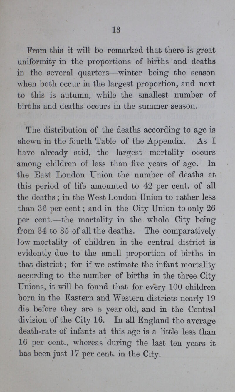 13 From this it will be remarked that there is great uniformity in the proportions of births and deaths in the several quarters—winter being the season when both occur in the largest proportion, and next to this is autumn, while the smallest number of births and deaths occurs in the summer season. The distribution of the deaths according to age is shewn in the fourth Table of the Appendix. As I have already said, the largest mortality occurs among children of less than five years of age. In the East London Union the number of deaths at this period of life amounted to 42 per cent, of all the deaths; in the West London Union to rather less than 36 per cent; and in the City Union to only 26 per cent.—the mortality in the whole City being from 34 to 35 of all the deaths. The comparatively low mortality of children in the central district is evidently due to the small proportion of births in that district; for if we estimate the infant mortality according to the number of births in the three City Unions, it will be found that for every 100 children born in the Eastern and Western districts nearly 19 die before they are a year old, and in the Central division of the City 16. In all England the average death-rate of infants at this age is a little less than 16 per cent., whereas during the last ten years it has been just 17 per cent, in the City.