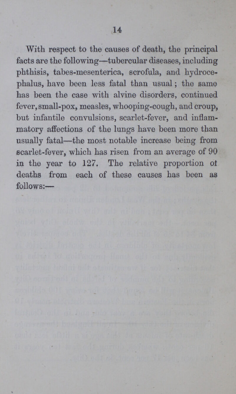14 With respect to the causes of death, the principal facts are the following—tubercular diseases, including phthisis, tabes-mesenterica, scrofula, and hydroce phalus, have been less fatal than usual; the same has been the case with alvine disorders, continued fever, small-pox, measles, whooping-cough, and croup, but infantile convulsions, scarlet-fever, and inflam matory affections of the lungs have been more than usually fatal—the most notable increase being from scarlet-fever, which has risen from an average of 90 in the year to 127. The relative proportion 0† deaths from each of these causes has been as follows:—