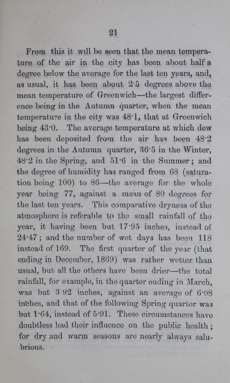 21 From this it will be seen that the mean tempera ture of the air in the city has been about half a degree below the average for the last ten years, and, as usual, it has been about, 2.5 degrees above the mean temperature of Greenwich—the largest differ ence being in the Autumn quarter, when the mean temperature in the city was 48.1, that at Greenwich being 43.0. The average temperature at which dew has been deposited from the air has been 48.2 degrees in the Autumn quarter, 36.5 in the Winter, 48.2 in the Spring, and 51.6 in the Summer; and the degree of humidity has ranged from 68 (satura tion being 100) to 86—the average for the whole year being 77, against a mean of 80 degrees for the last ten years. This comparative dryness of the atmosphere is referable to the small rainfall of the year, it having been but 17.95 inches, instead of 24.47; and the number of wet days has been 118 instead of 169. The first quarter of the year (that ending in December, 1869) was rather wetter than usual, but all the others have been drier—the total rainfall, for example, in the quarter ending in March, was but 3 92 inches, against an average of 6.08 inches, and that of the following Spring quarter was but 1.64, instead of 5.91. These circumstances have doubtless had their influence on the public health; for dry and warm seasons are nearly always salu brious.