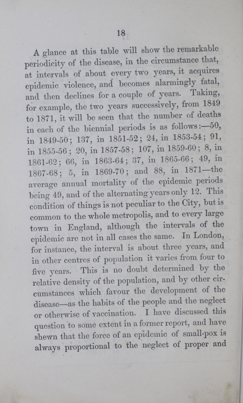 18 A glance at this table will show the remarkable periodicity of the disease, in the circumstance that, at intervals of about every two years, it acquires epidemic violence, and becomes alarmingly fatal, and then declines for a couple of years. Taking, for example, the two years successively, from 1849 to 1871, it will be seen that the number of deaths in each of the biennial periods is as follows:—50, in 1849-50; 137, in 1851-52; 24, in 1853-54; 91, in 1855-56; 20, in 1857-58; 107, in 1859-60; 8, in 1861-62; 66, in 1863-64; 37, in 1865-66; 49, in 1867-68; 5, in 1869-70; and 88, in 1871—the average annual mortality of the epidemic periods being 49, and of the alternating years only 12. This condition of tilings is not peculiar to the City, but is common to the whole metropolis, and to every large town in England, although the intervals of the epidemic are not in all cases the same. In London, for instance, the interval is about three years, and in other centres of population it varies from four to five years. This is no doubt determined by the relative density of the population, and by other cir cumstances which favour the development of the disease—as the habits of the people and the neglect or otherwise of vaccination. I have discussed this question to some extent in a former report, and have shewn that the force of an epidcmic of smallpox is always proportional to the neglect of proper and
