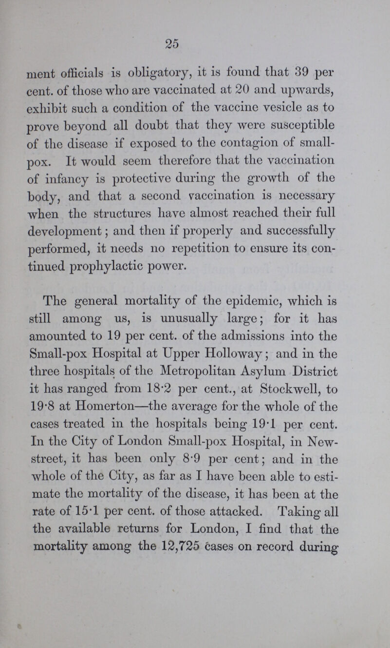25 ment officials is obligatory, it is found that 39 per cent. of those who are vaccinated at 20 and upwards, exhibit such a condition of the vaccine vesicle as to prove beyond all doubt that they were susceptible of the disease if exposed to the contagion of small pox. It would seem therefore that the vaccination of infancy is protective during the growth of the body, and that a second vaccination is necessary when the structures have almost reached their full development; and then if properly and successfully performed, it needs no repetition to ensure its con tinued prophylactic power. The general mortality of the epidemic, which is still among us, is unusually large; for it has amounted to 19 per cent. of the admissions into the Small-pox Hospital at Upper Holloway; and in the three hospitals of the Metropolitan Asylum District it has ranged from 18.2 per cent., at Stockwcll, to 19.8 at Homerton—the average for the whole of the cases treated in the hospitals being 19.1 per cent. In the City of London Small-pox Hospital, in New street, it has been only 8.9 per cent; and in the whole of the City, as far as I have been able to esti mate the mortality of the disease, it has been at the rate of 15.1 per cent. of those attacked. Taking all the available returns for London, I find that the mortality among the 12,725 cases on record during