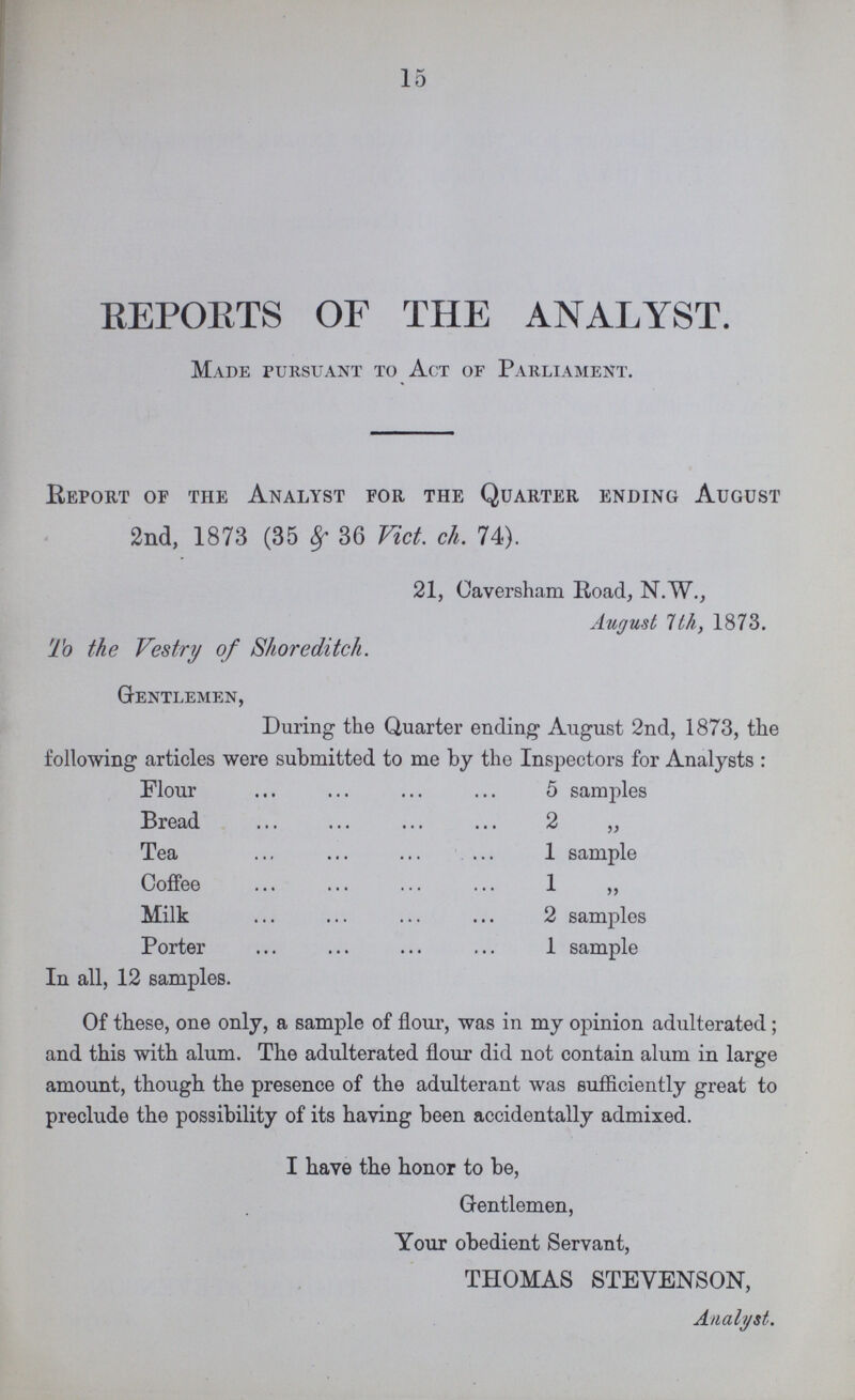 15 EEPOETS OF THE ANALYST. Made pursuant to Act of Parliament. Beport of the Analyst for the Quarter ending August 2nd, 1873 (35 8f 36 Vict. ch. 74). 21, Oaversham Road, N.W., August Ilk, 1873. To the Vestry of Shoreditch. Gentlemen, During the Quarter ending August 2nd, 1873, the following articles were submitted to me by the Inspectors for Analysts : Flour ... ... ... ... 5 samples Bread ... ... ... ... 2 „ Tea ... ... ... 1 sample Coffee ... ... ... ... 1 „ Milk ... ... ... ... 2 samples Porter ... ... ... ... 1 sample In all, 12 samples. Of these, one only, a sample of flour, was in my opinion adulterated; and this with alum. The adulterated flour did not contain alum in large amount, though the presence of the adulterant was sufficiently great to preclude the possibility of its haying been accidentally admixed. I have the honor to be, Gentlemen, Your obedient Servant, THOMAS STEVENSON, Analyst.