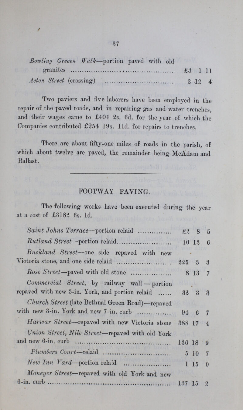 37 Bowling Greeen Walk—portion paved with old granites £3 1 11 Acton Street (crossing) 2 12 4 Two paviers and five laborers have been employed in the repair of the paved roads, and in repairing gas and water trenches, and their wages came to £104 2s. 6d. for the year of which the Companies contributed £254 19s. 11d. for repairs to trenches. There are about fifty-one miles of roads in the parish, of which about twelve are paved, the remainder being McAdam and Ballast. FOOTWAY PAVING. The following works have been executed during the year at a cost of £3182 6s. 1d. Saint Johns Terrace—portion relaid £2 8 5 Rutland Street -portion relaid 10 13 6 Buckland Street—one side repaved with new Victoria stone, and one side relaid 225 3 3 Rose Street—paved with old stone 8 13 7 Commercial Street, by railway wall—portion repaved with new 3-in. York, and portion relaid 32 3 3 Church Street (late Bethnal Green Road)—repaved with new 3-in. York and new 7-in. curb 94 6 7 Harwar Street—repaved with new Victoria stone 388 17 4 Union Street, Nile Street—repaved with old York and new 6-in. curb 136 18 9 Plumbers Court—relaid 5 10 7 New Inn Yard—portion relaid 1 15 0 Moneyer Street—repaved with old York and new 6-in. curb 137 15 2